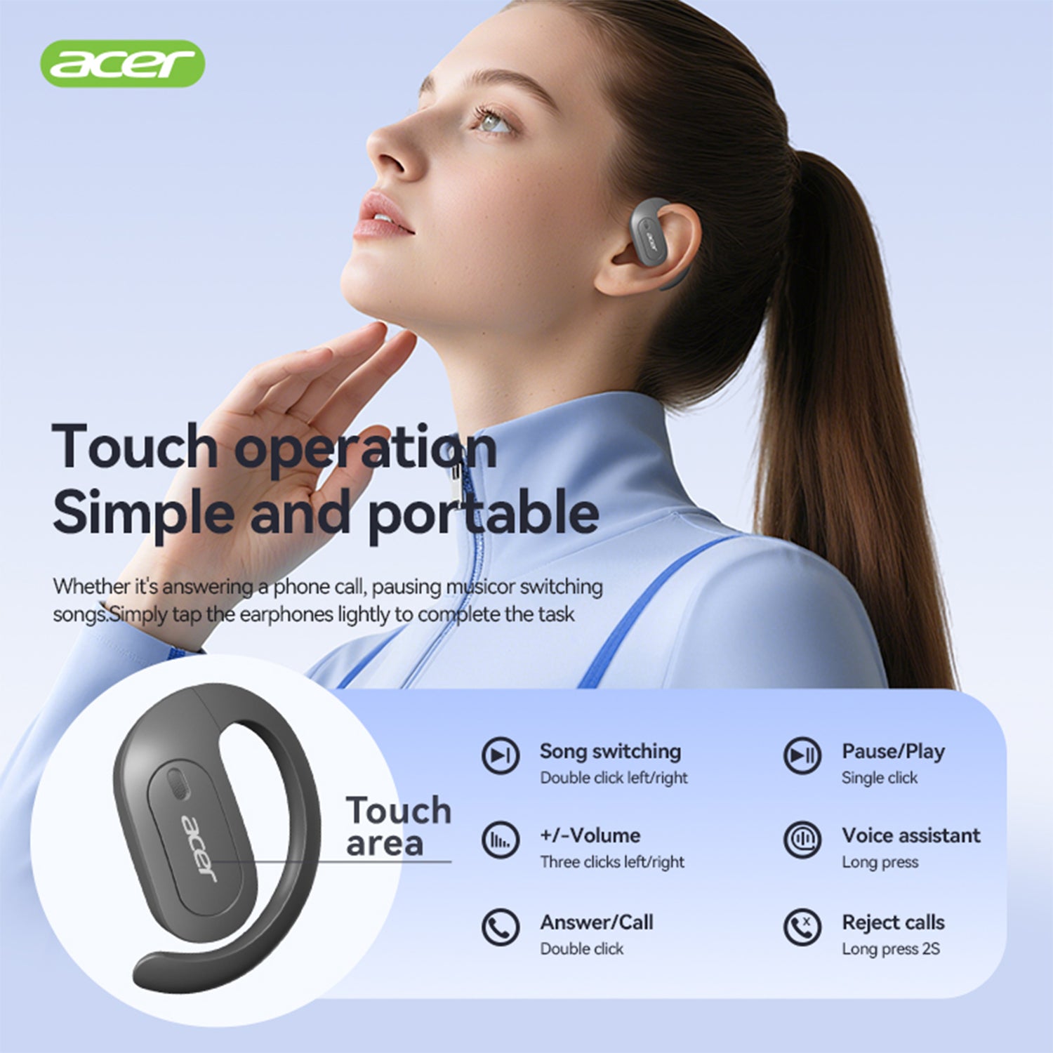 Acer OHR538 Wireless Earbuds Hanging Ear Sports Running High Quality HIFI Audiophile Headphones