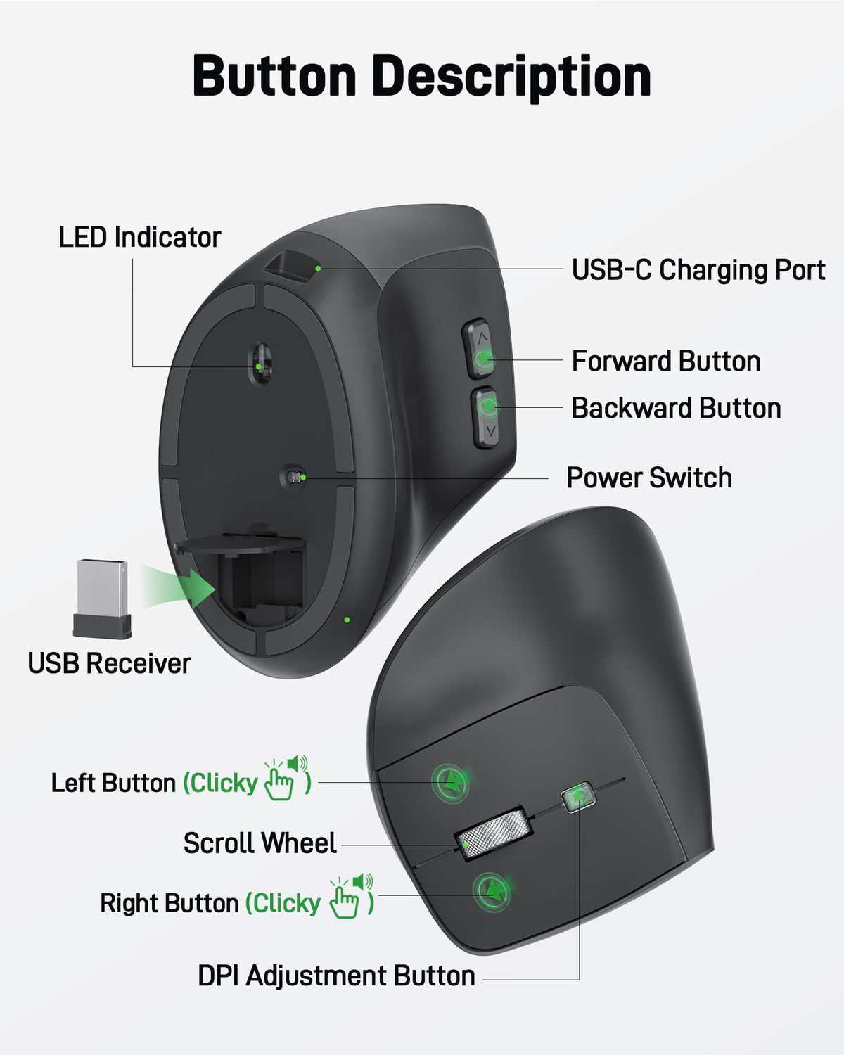 Acer Ergonomic Vertical Wireless Mouse | Rechargeable 2.4GHz Mouse for Small to Medium Hands