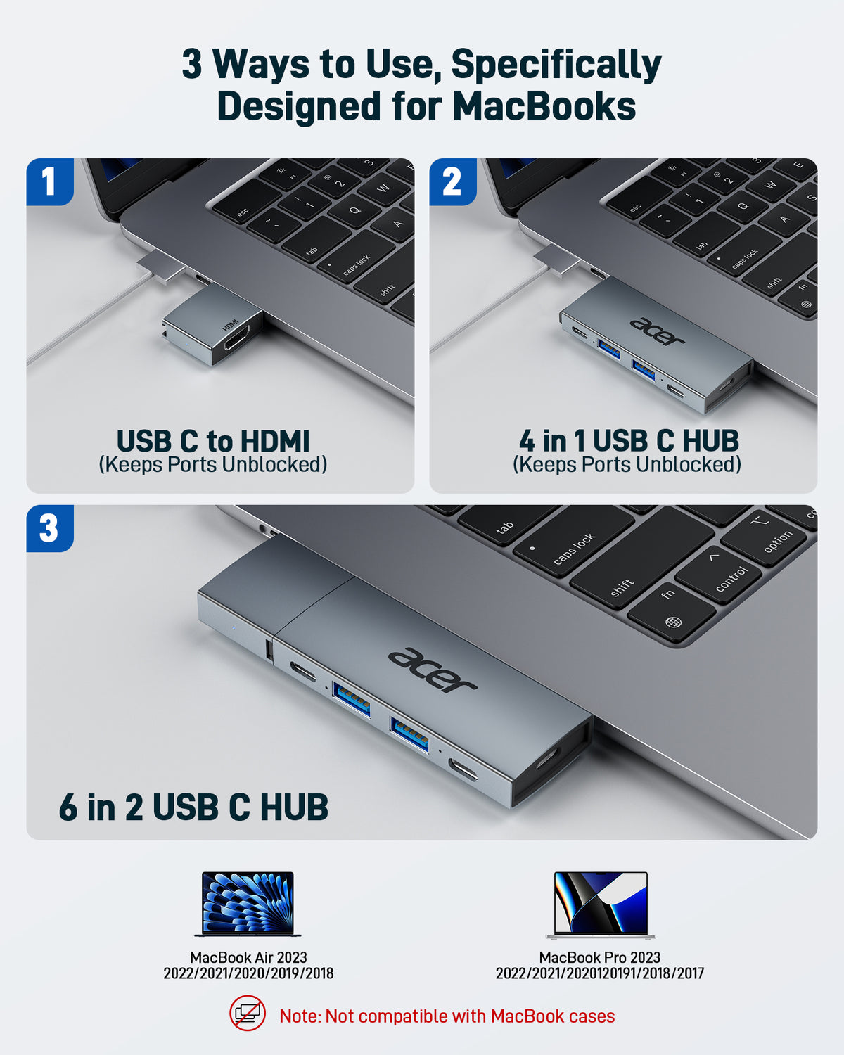 Acer 6 in 2 Detachable USB C Hub | 4K@60Hz HDMI, 100W PD Charging