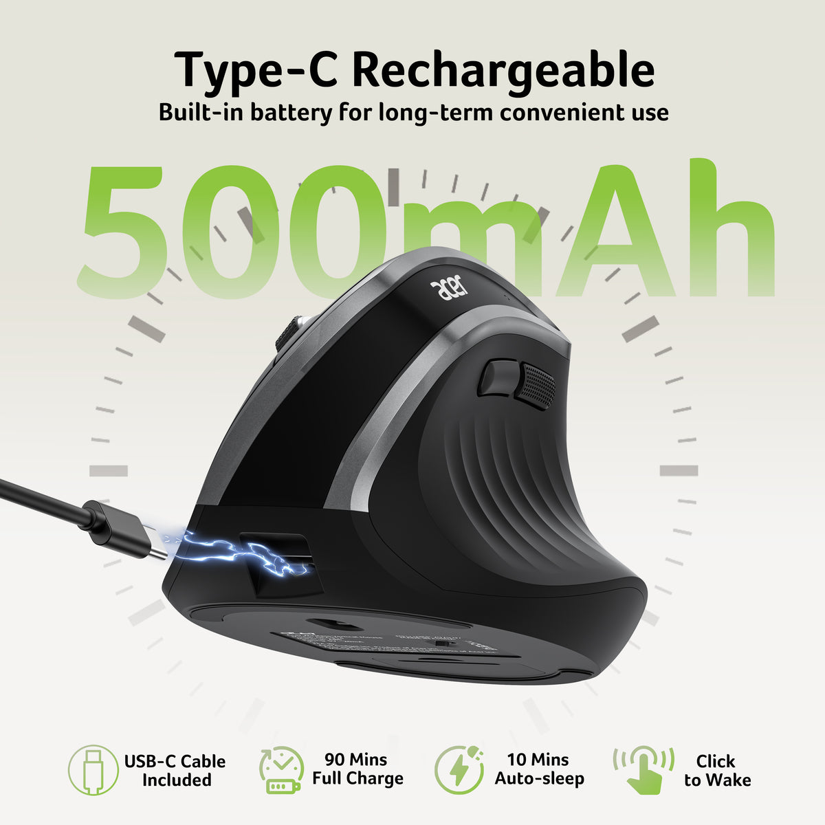 Acer Ergonomic Wireless Vertical Mouse | 58° Tilt, 2.4GHz USB Receiver, 1600 DPI