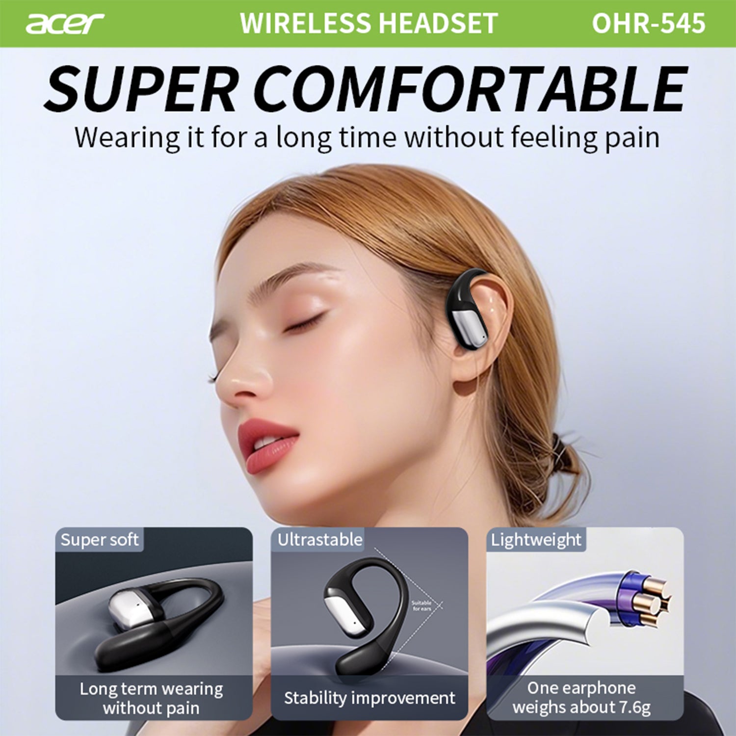 Acer OHR545 Wireless Earbuds 2025 New Clip On Ear Color Screen Perfect Angle Surging Bass Super Standby