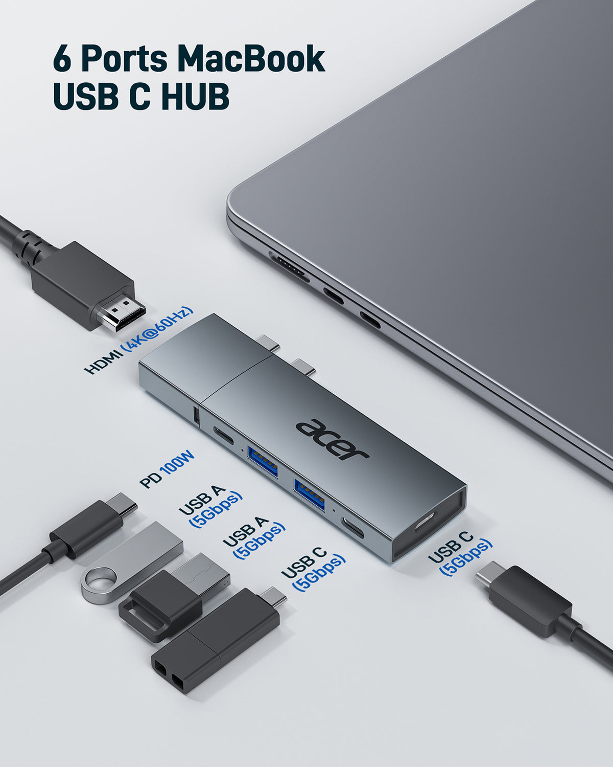 Acer 6 in 2 Detachable USB C Hub | 4K@60Hz HDMI, 100W PD Charging