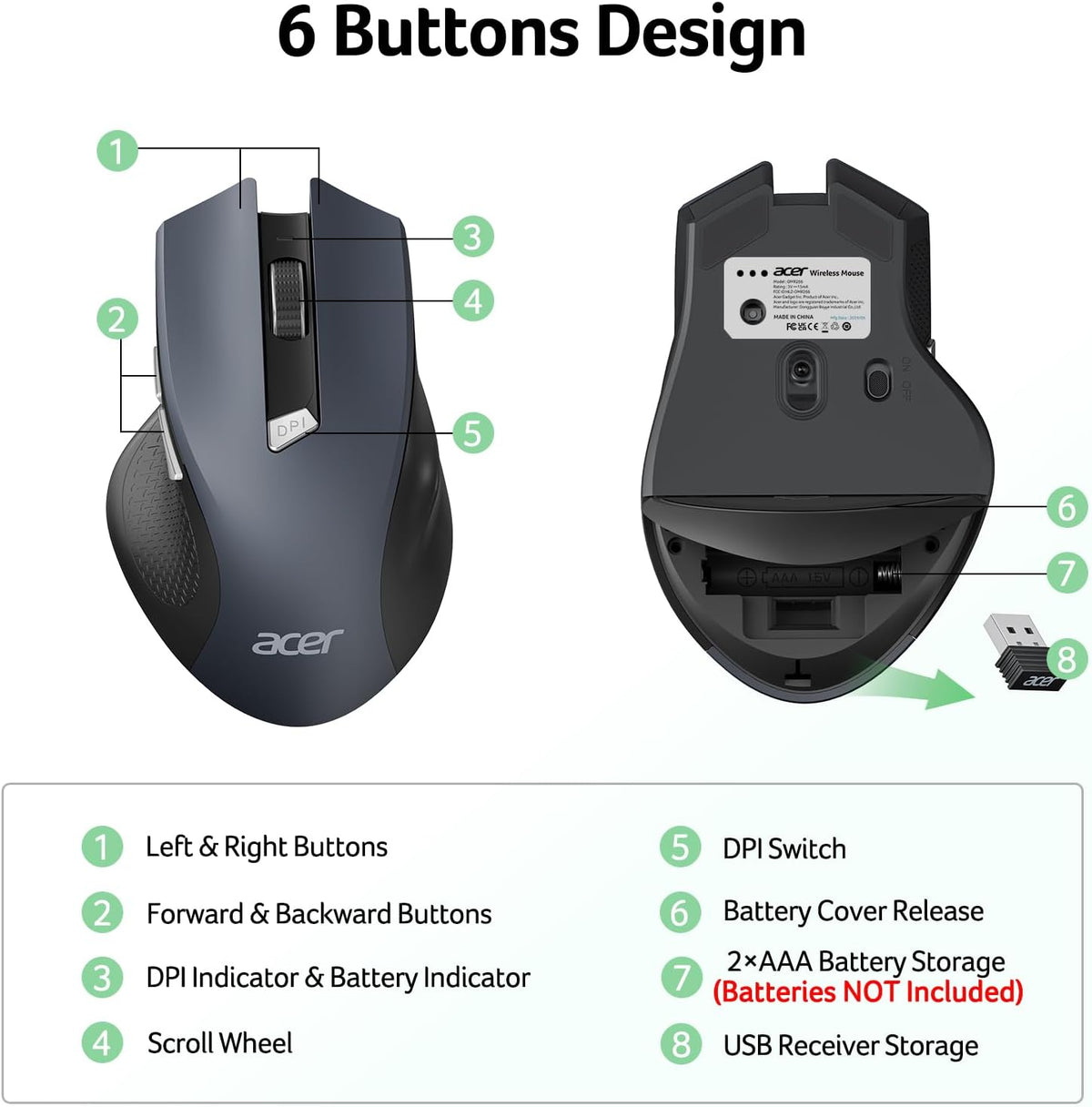 Acer Wireless Mouse for Laptop | 2.4GHz USB Receiver Mouse with Adjustable DPI