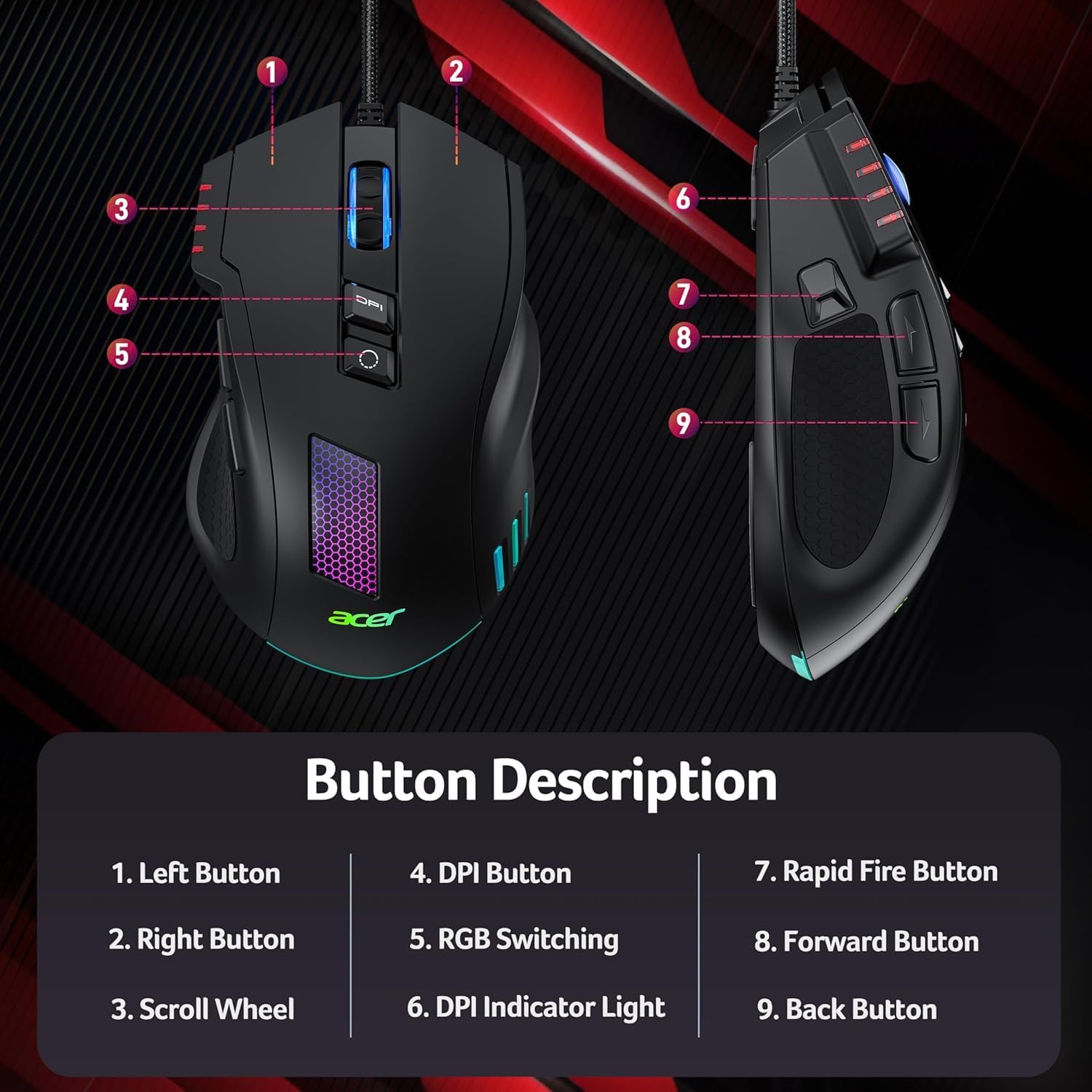 ACER Wired Gaming Mouse, 12,800 DPI RGB Ergonomic Computer Mouse with Optical Sensor, 8 Programmable Buttons, 12 Backlit Modes, Software for DIY Keybinds, Rapid Fire, USB Gaming Mice for Laptop, PC