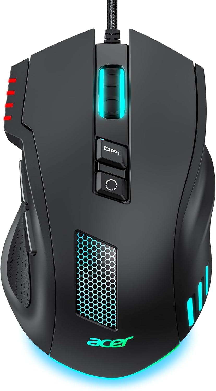 ACER Wired Gaming Mouse, 12,800 DPI RGB Ergonomic Computer Mouse with Optical Sensor, 8 Programmable Buttons, 12 Backlit Modes, Software for DIY Keybinds, Rapid Fire, USB Gaming Mice for Laptop, PC