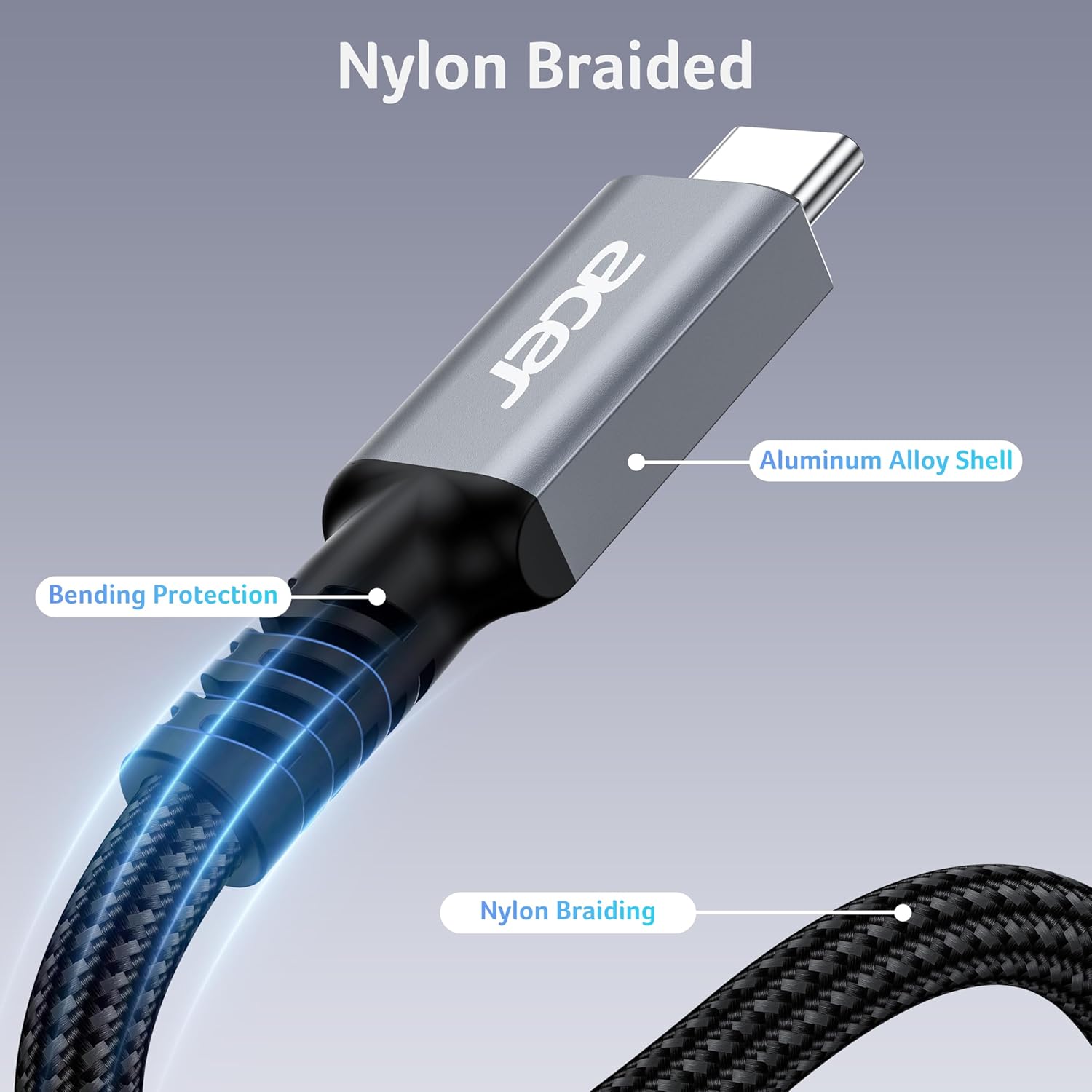 Acer USB4 Cable 40Gbps, 8K@60Hz Thunderbolt 4/3 Cable, 240W Fast Charging Braided High Speed USB-C Video Cord Compatible with MacBook, SSD, Docking, iPhone 16 and More (3.3FT)