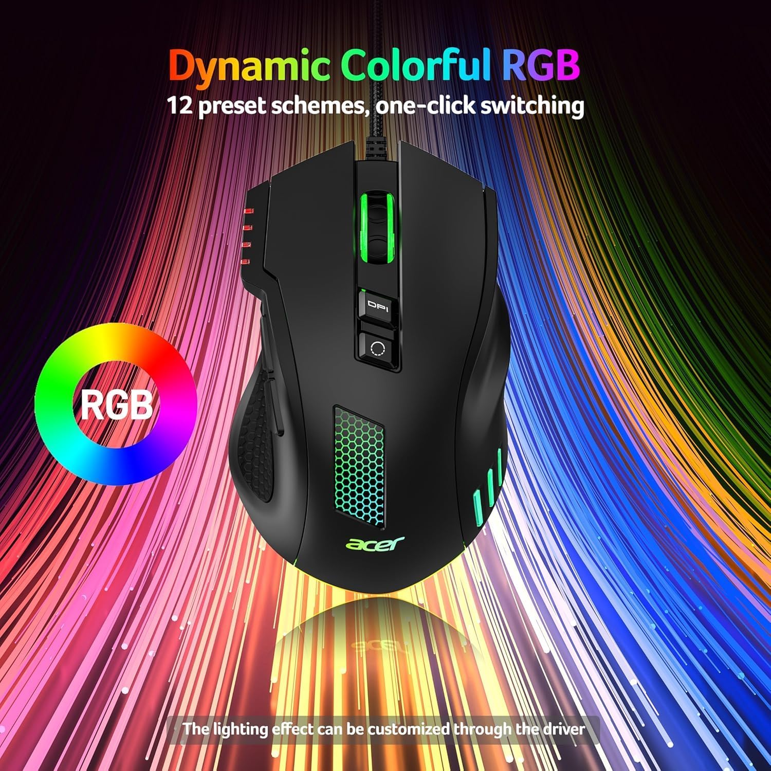 ACER Wired Gaming Mouse, 12,800 DPI RGB Ergonomic Computer Mouse with Optical Sensor, 8 Programmable Buttons, 12 Backlit Modes, Software for DIY Keybinds, Rapid Fire, USB Gaming Mice for Laptop, PC
