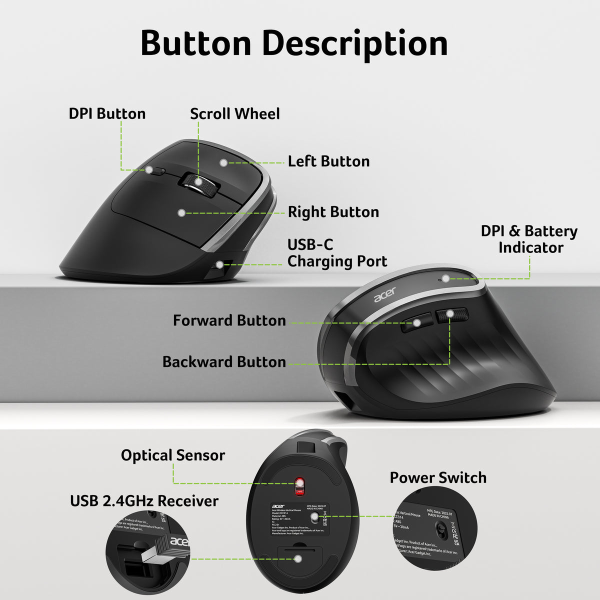 Acer Ergonomic Wireless Vertical Mouse | 58° Tilt, 2.4GHz USB Receiver, 1600 DPI