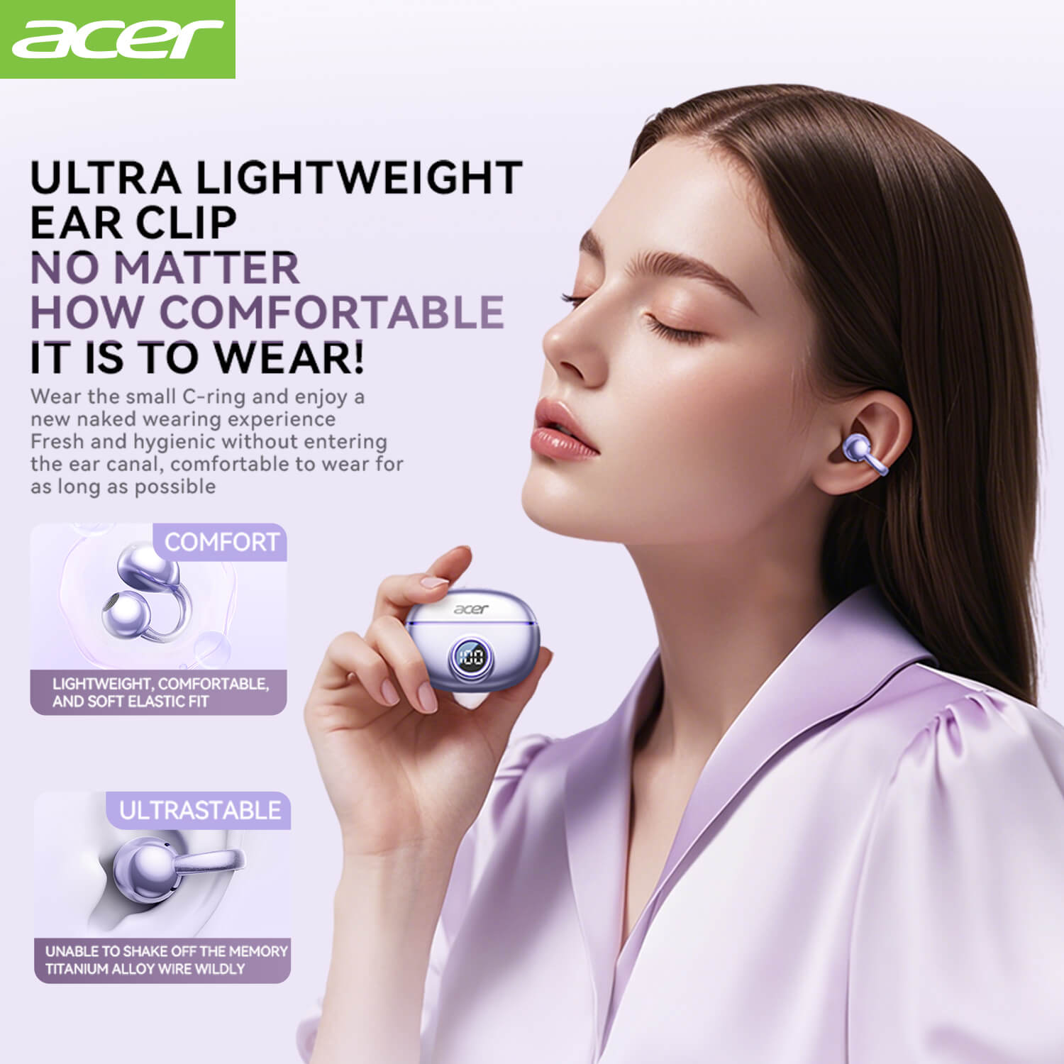 Acer OHR512 Wireless Earbuds 2025 New Clip On Ear Sports Running Long Life High Sound Quality