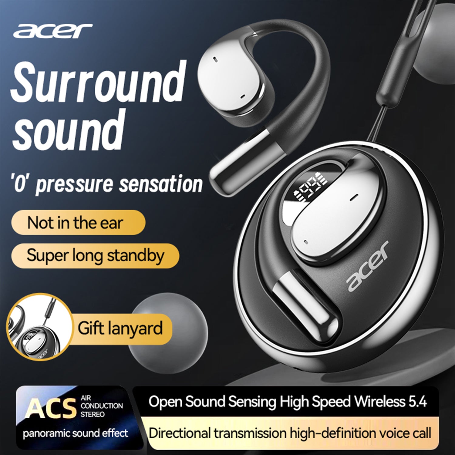 Acer OHR550 Wireless Earbuds 2025 New Clip On Ear Immersive Experience Studio Level Long Standby