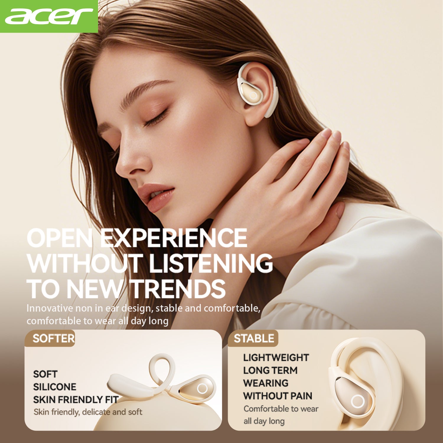 Acer OHR515 Wireless Earbuds Hanging Ear Sports Running Special 2025 New High Sound Quality LED Power Display Leather Texture