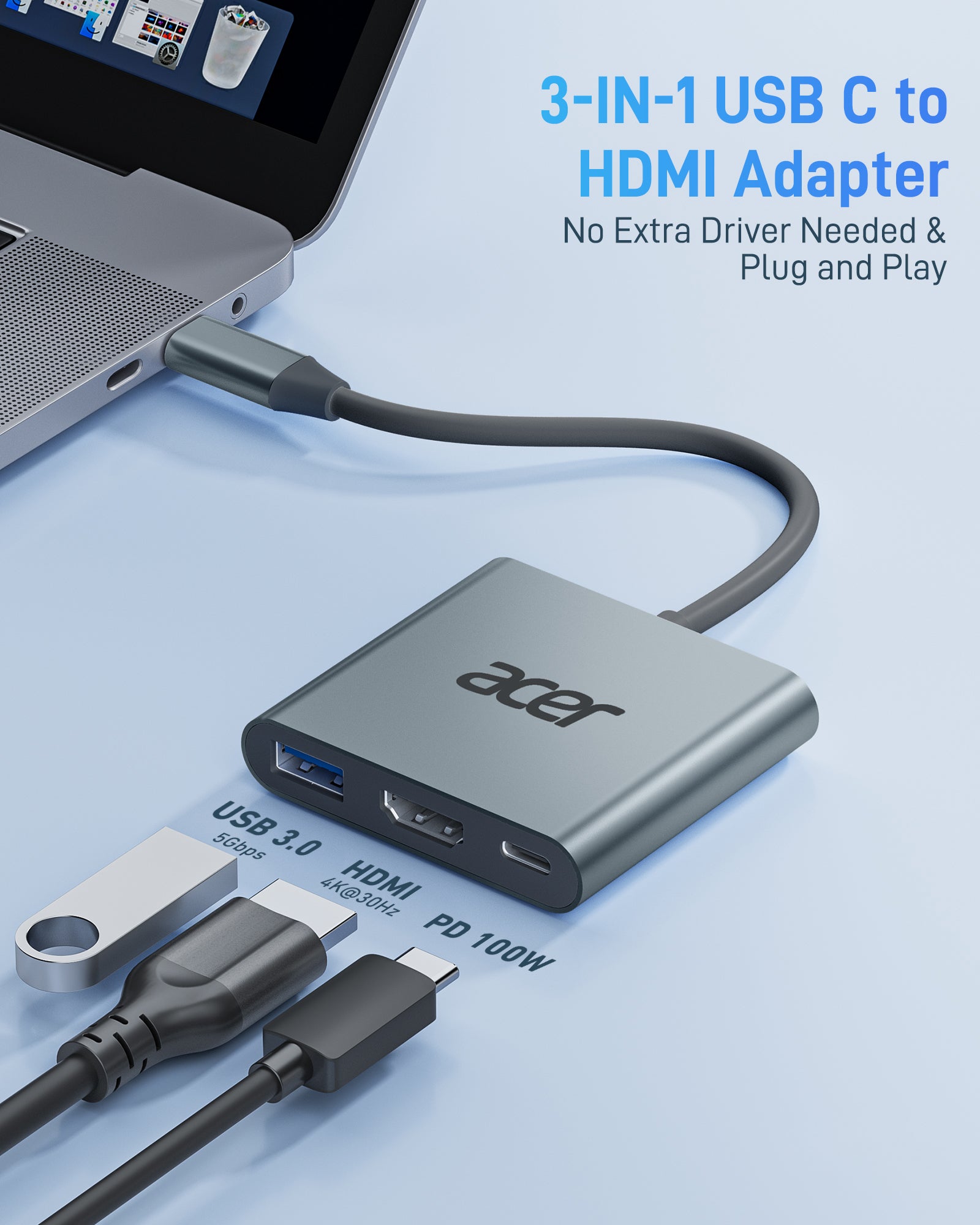 Acer USB-C 3-in-1 Hub | 4K HDMI, 5Gbps USB 3.0, 100W PD