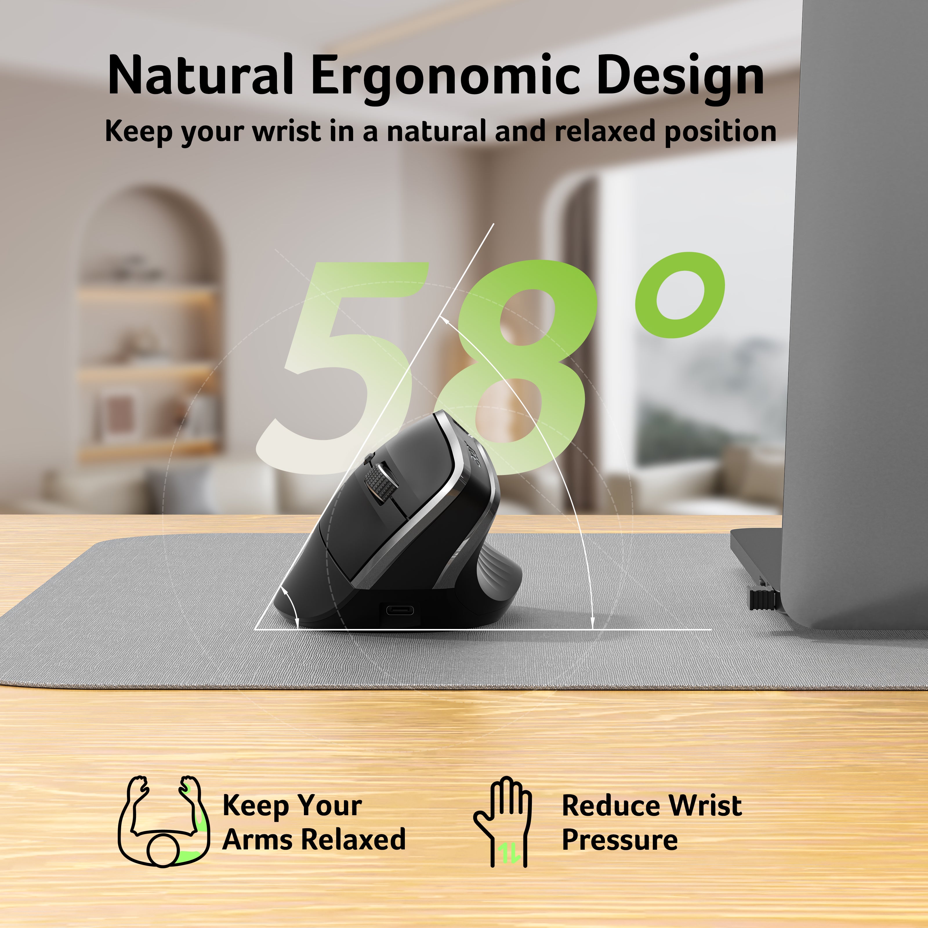 Acer Ergonomic Wireless Vertical Mouse | 58° Tilt, 2.4GHz USB Receiver, 1600 DPI