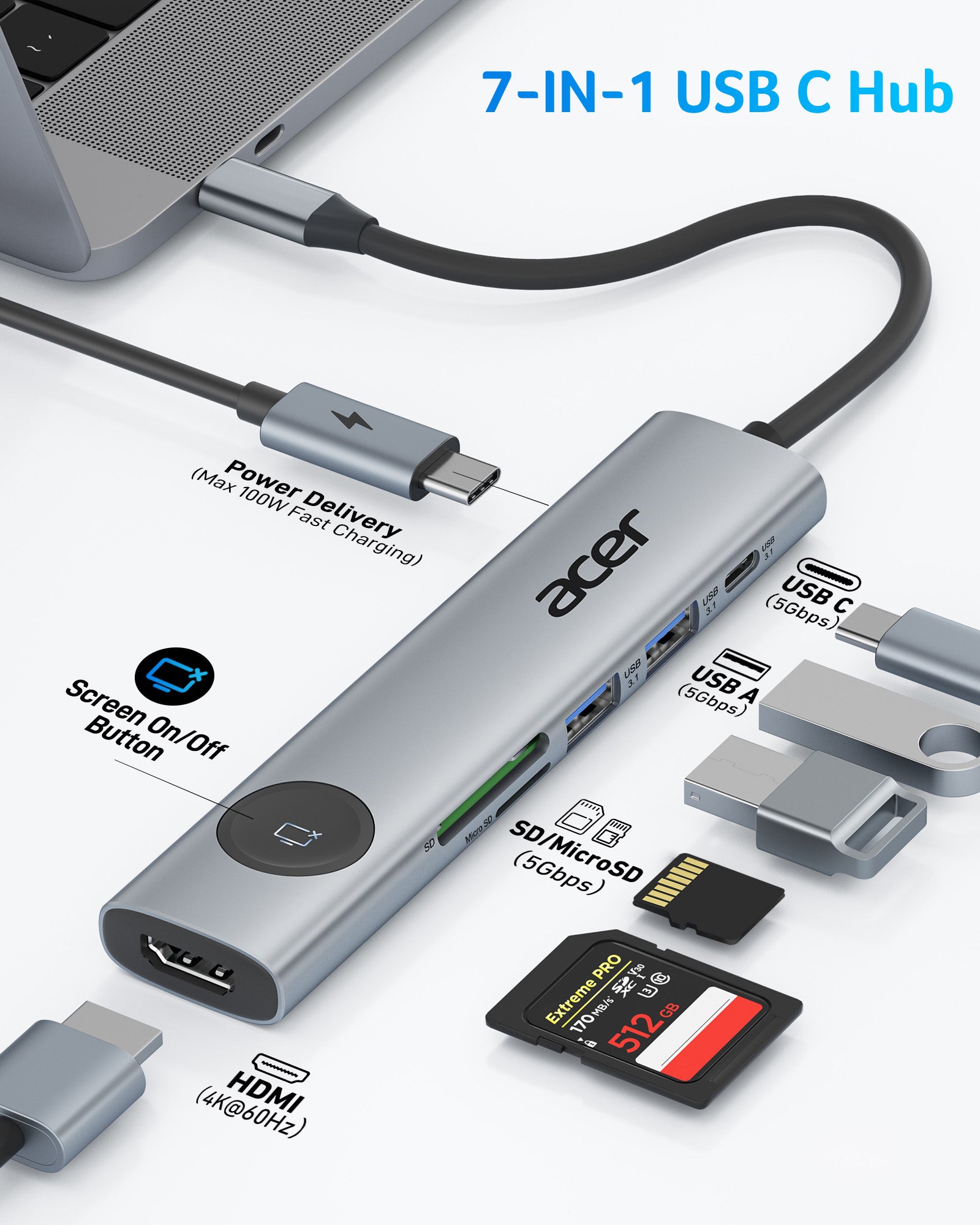 Acer 7-in-1 USB-C Hub | 4K@60Hz HDMI, 5Gbps Data, SD/MicroSD, 100W PD