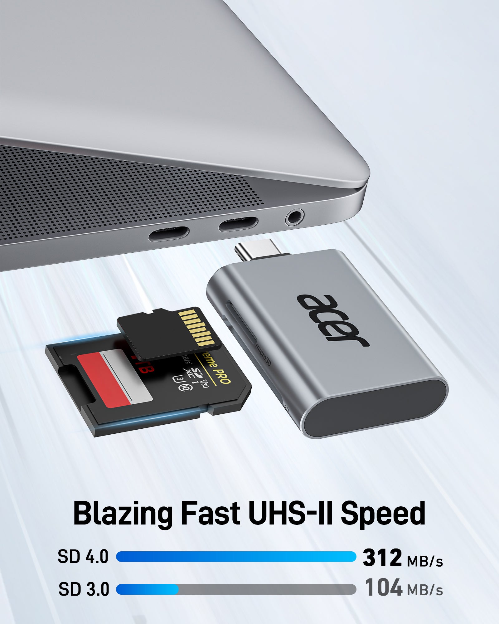 Acer USB-C SD Card Reader | UHS-II 312MB/s Dual Slot SD & MicroSD Reader