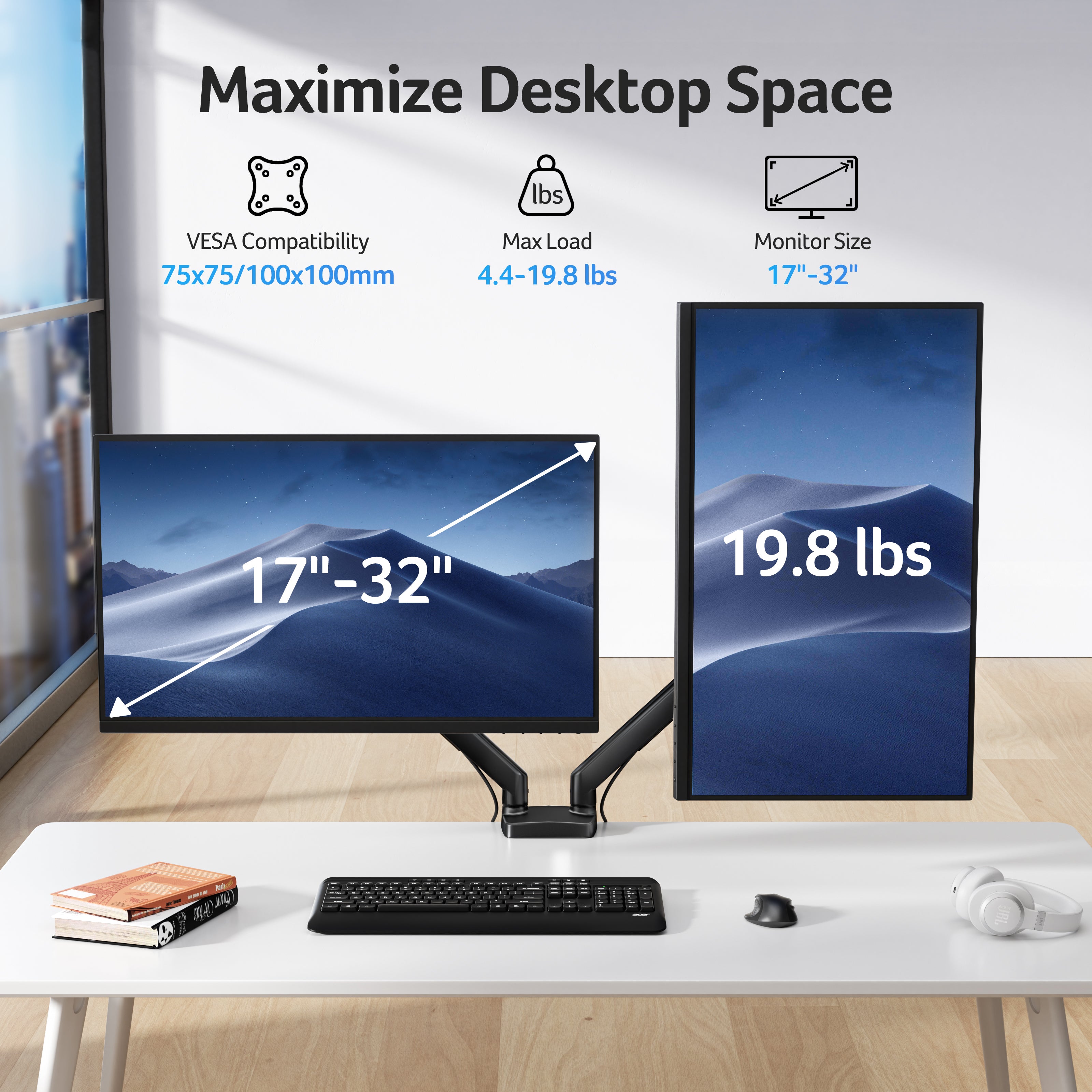 Acer Dual Monitor Arm for 17–32" Monitors | Gas Spring VESA Desk Mount