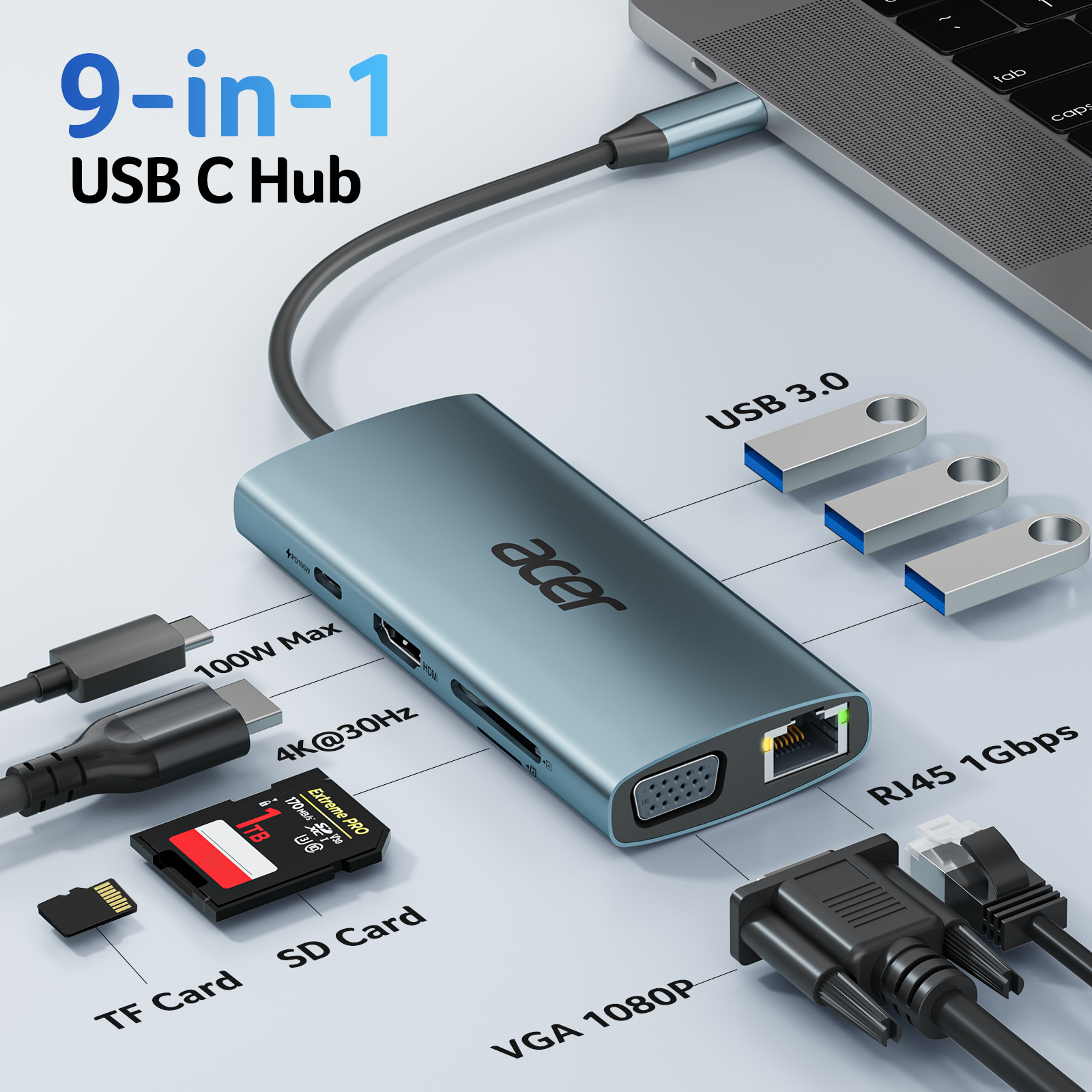 Acer 9-in-1 USB-C Hub| 4K HDMI, Gigabit Ethernet, 100W PD