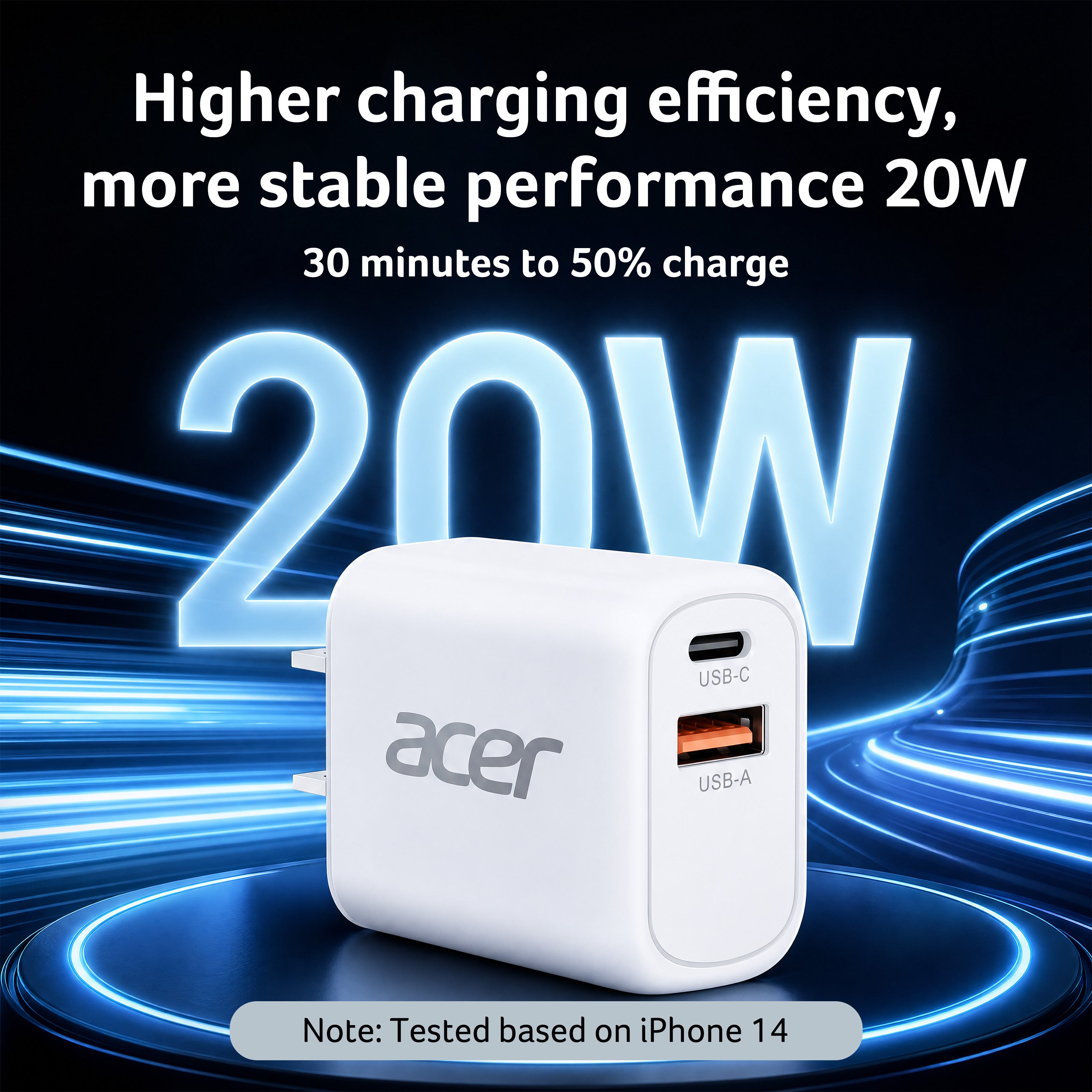 Acer 20W Dual-Port USB Charger | USB-C & USB-A Charging Cables