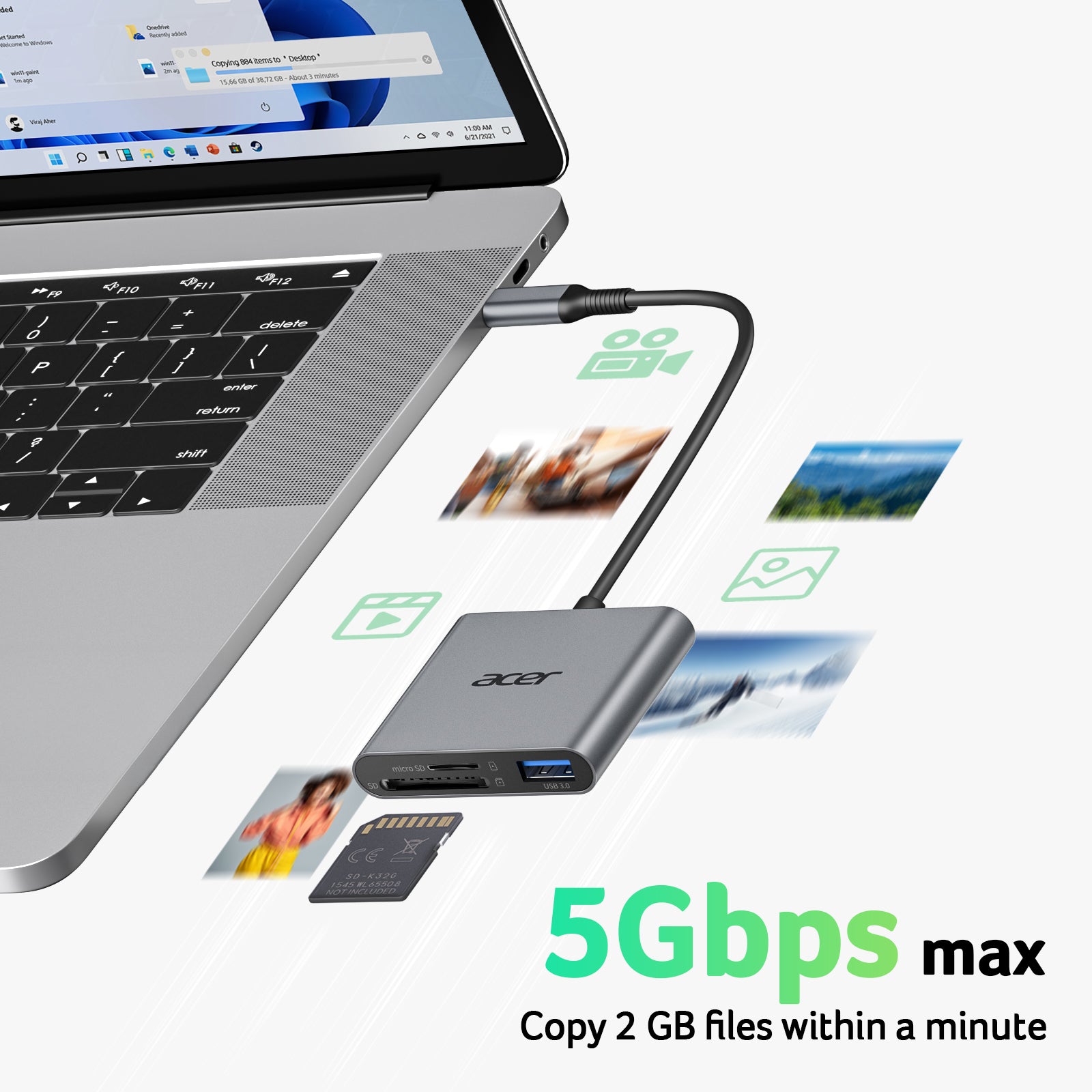 Acer 170MB/s SD Card Reader with USB-C & Type-A 3.0, Dual Slot
