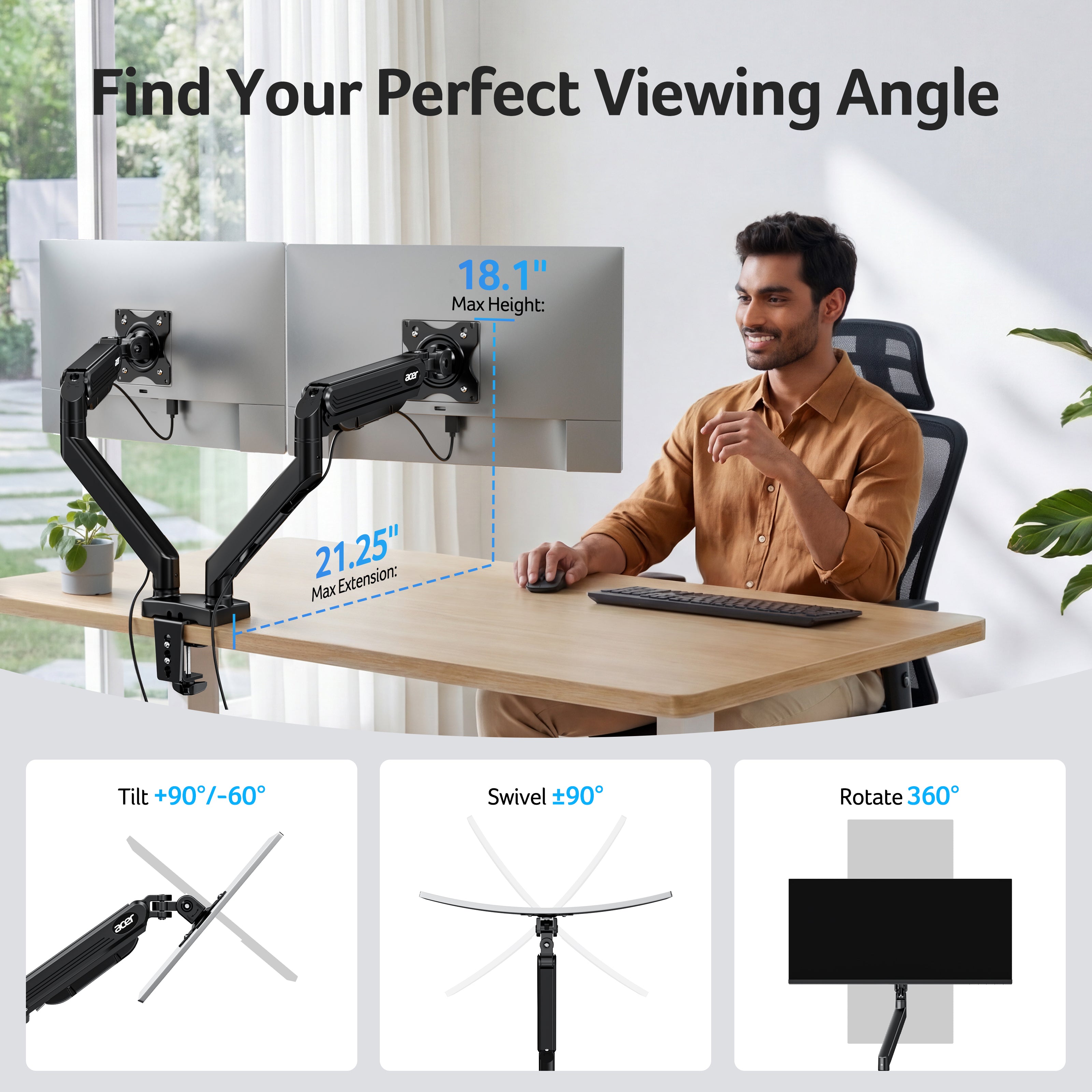 Acer Dual Monitor Arm for 17–32" Monitors | Gas Spring VESA Desk Mount