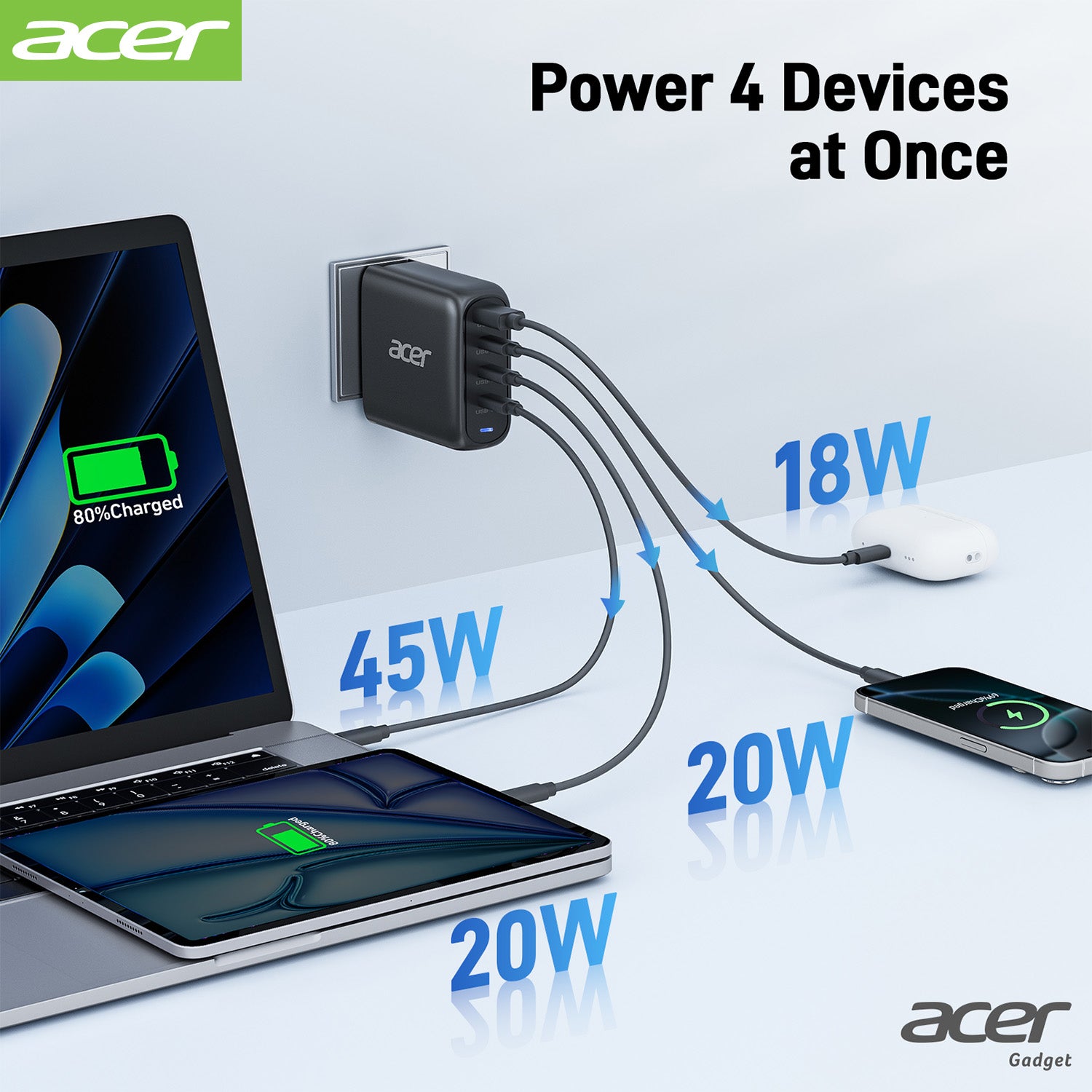 Acer OPD105 Acer 100W USB C Charger Block, 4-Port Fast GaN Desktop Charger with Power Extension Cable, USB-C*3, USB-A*1