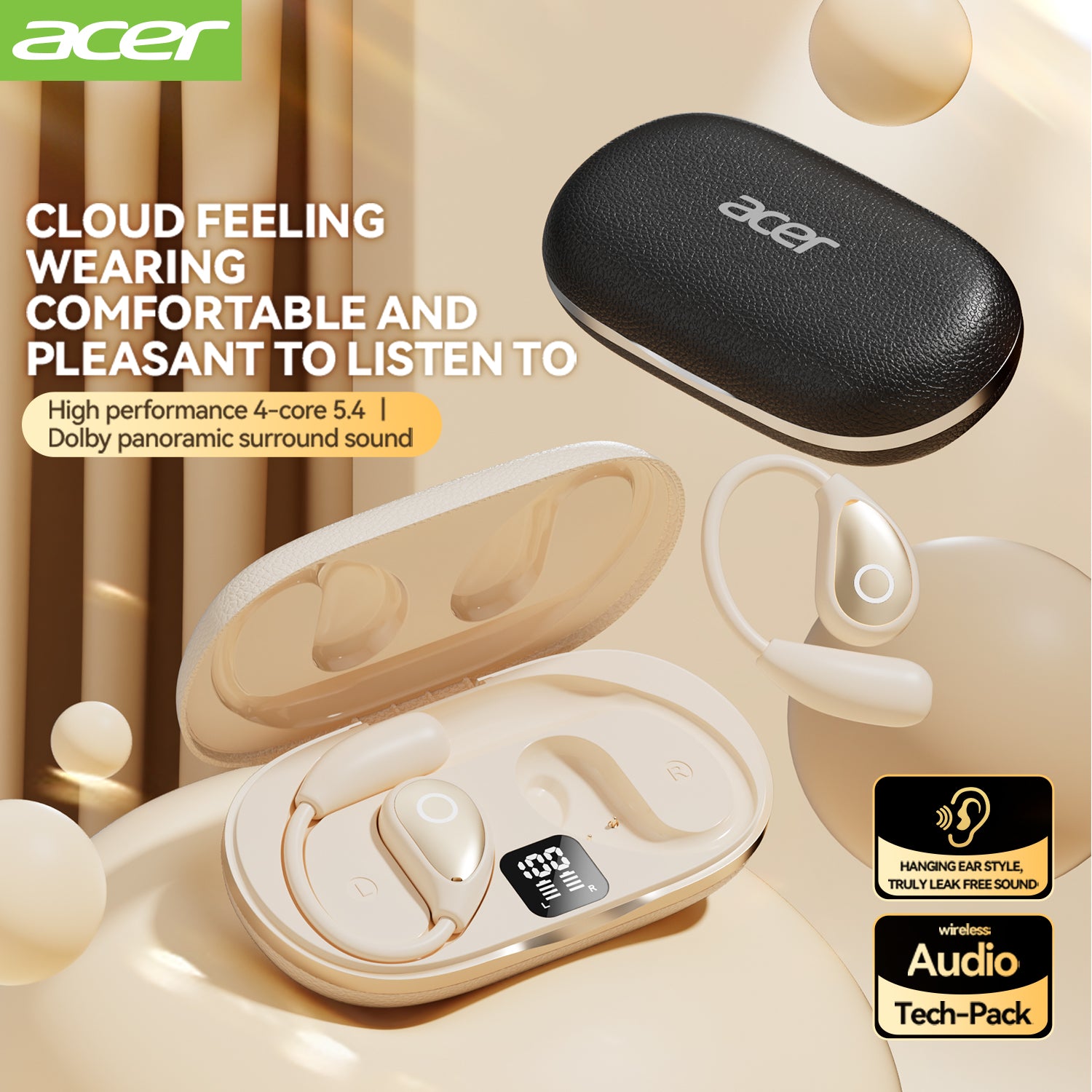 Acer OHR515 Wireless Earbuds Hanging Ear Sports Running Special 2025 New High Sound Quality LED Power Display Leather Texture