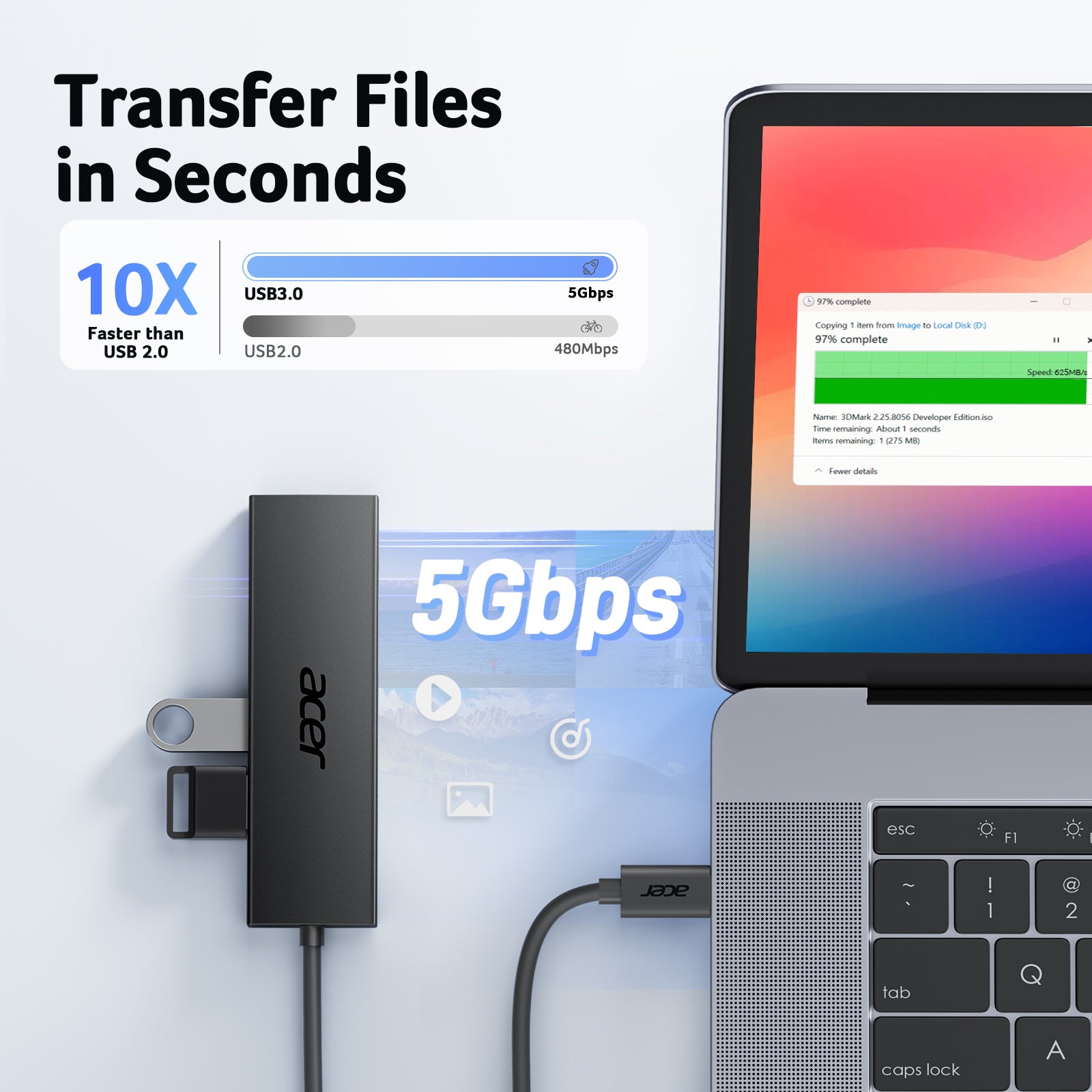 Acer 4-Port USB 3.0 Hub with USB-C Power Port | USB-A Expansion Hub