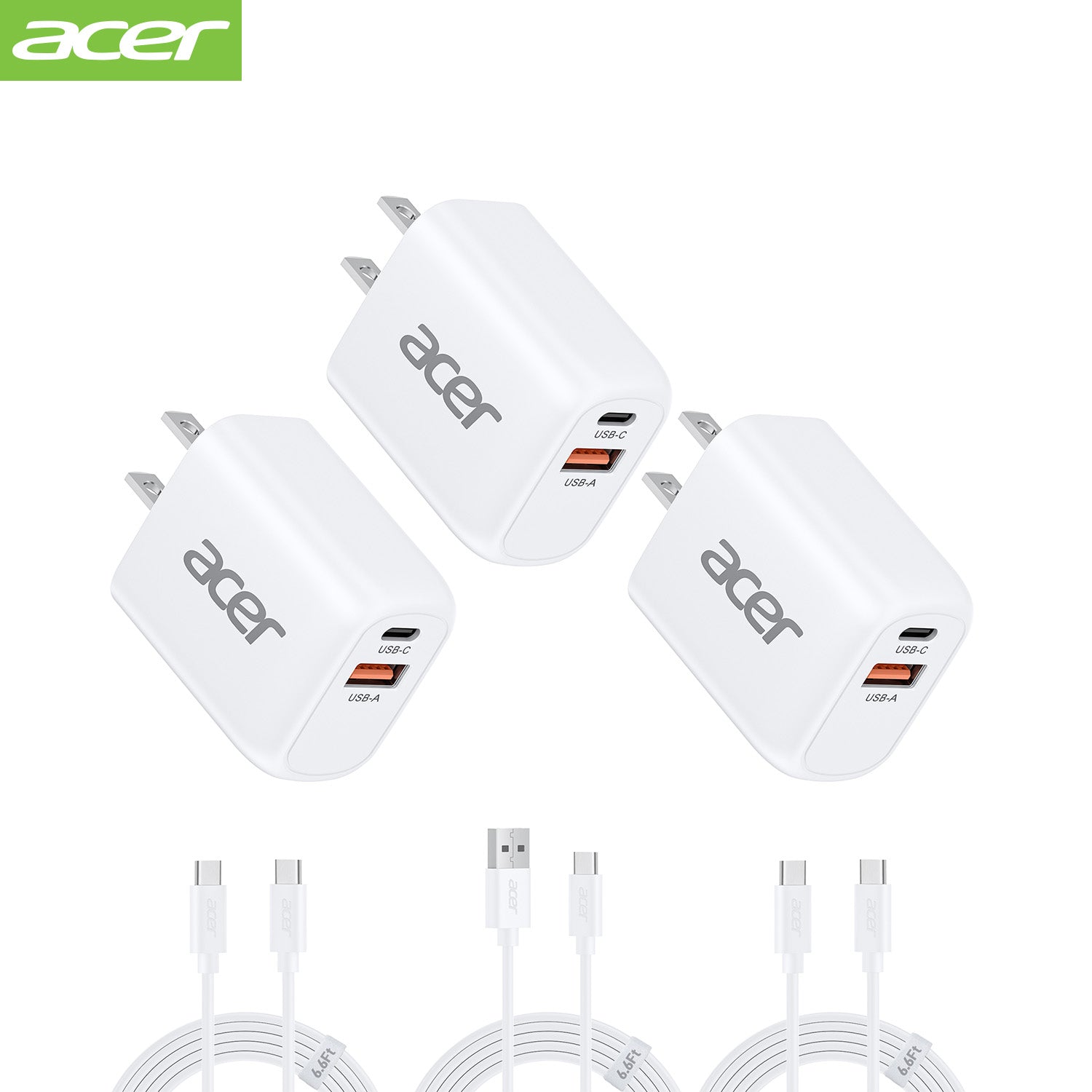 Acer OPD101 Acer USB C Charger Block, 3-Pack 20W Dual Port Type C Fast Charging, Wall Plug Adapter with 3-Pack 6.6FT Fast Power Cable