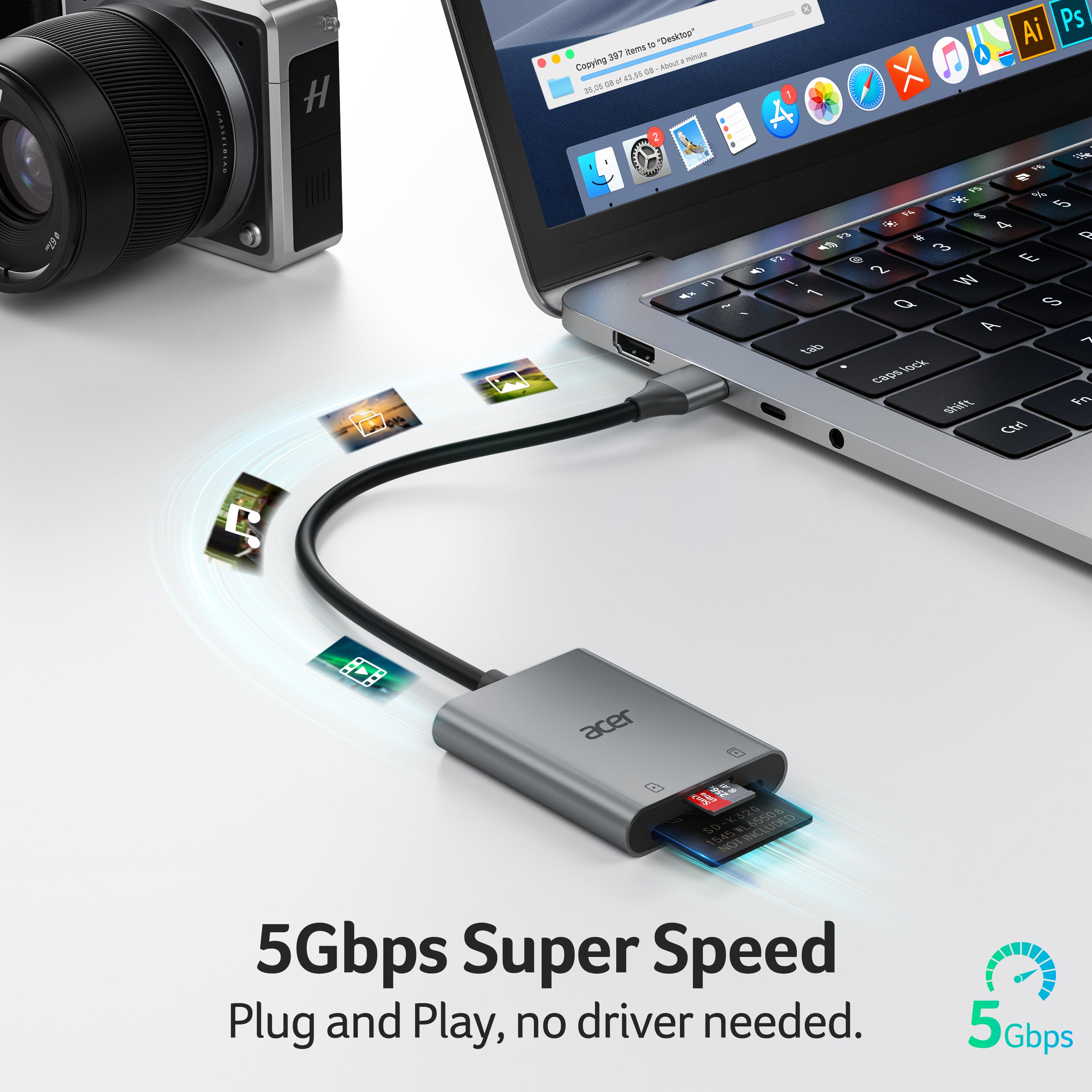 Acer USB-A 3.0 (5Gbps) Dual-Slot Aluminum SD Card Reader