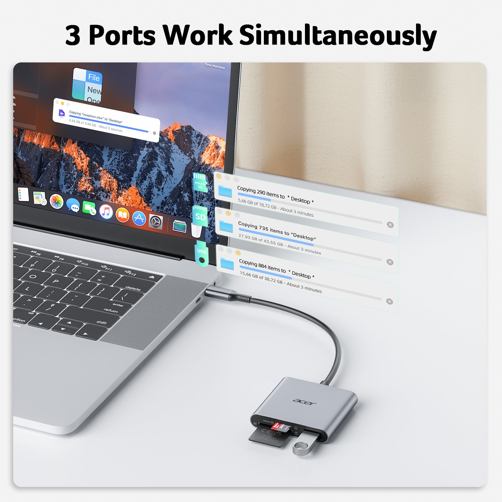 Acer 170MB/s SD Card Reader with USB-C & Type-A 3.0, Dual Slot