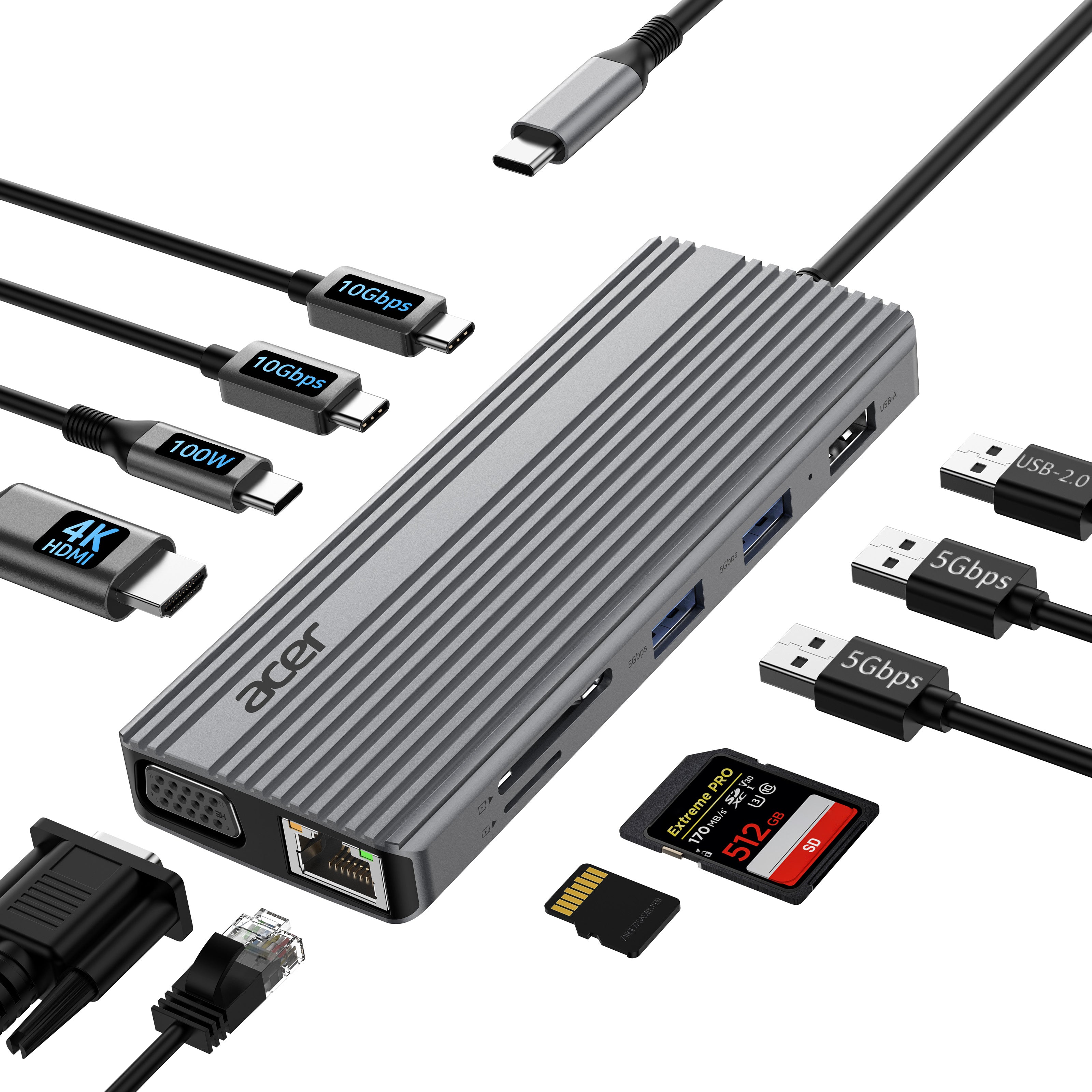 Acer 11-in-1 USB-C Hub | 4K@60Hz HDMI, VGA, 10Gbps USB-C & 5Gbps USB-A Multiport Adapter