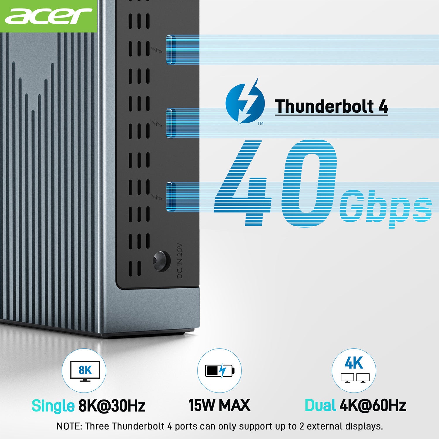 Acer Dock_option ODK490 Acer 16-in-1 Thunderbolt 4 Docking Station, 4K HDMI/DP*4, USB-C Host, USB-A Port(10Gbps)*2, USB-A Port(5Gbps)*2，160W Power, Thunderbolt 4 port*3 (40Gbps Data Transfer), 2.5Gbps Ethernet, Audio, SD card Slot