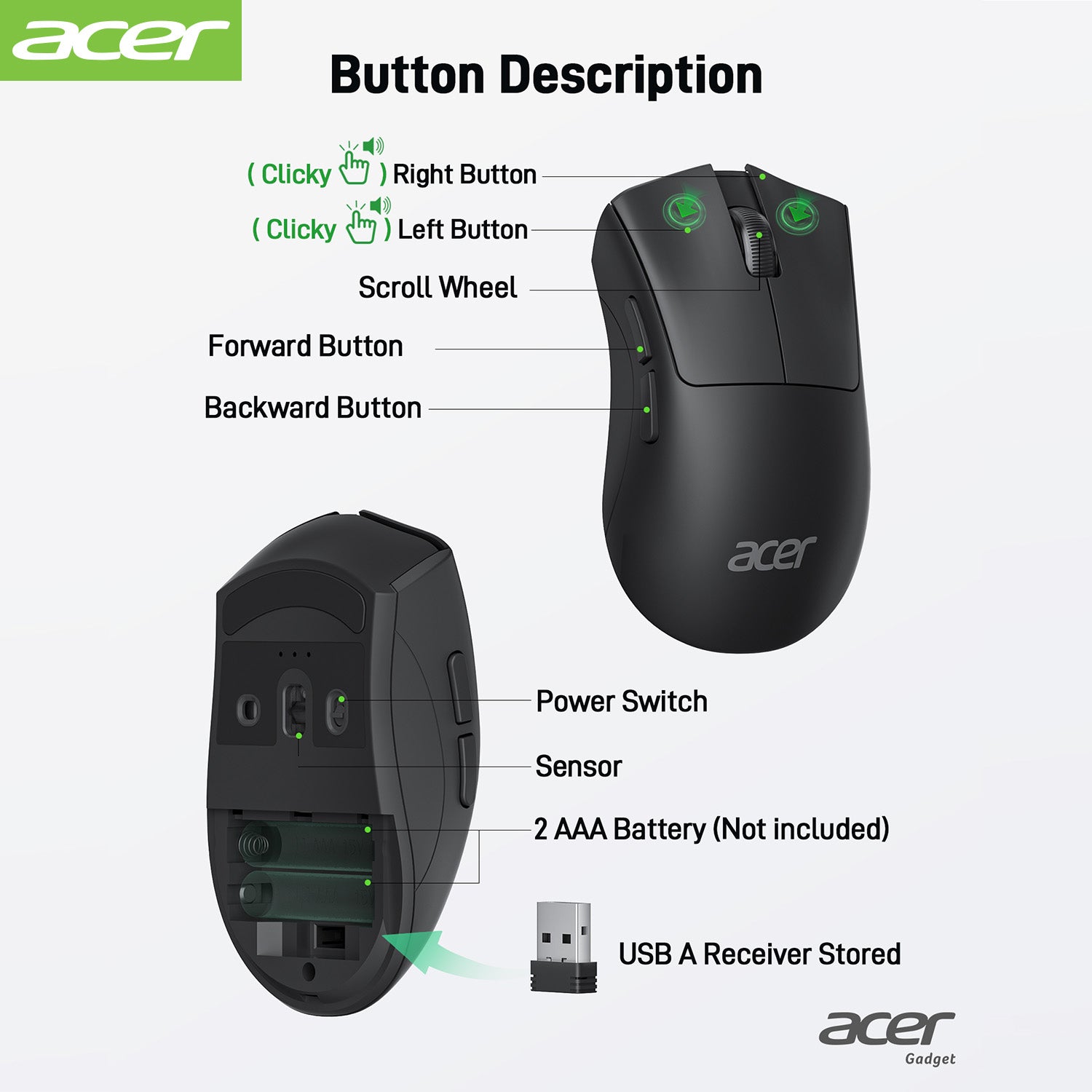 Acer Mouse OMR243 Acer Wireless Mouse, 1200 DPI Computer Mouse Wireless with 2.4GHz USB A Receiver, 5 Buttons Compatible with PC, Laptop, Desktop (Black)