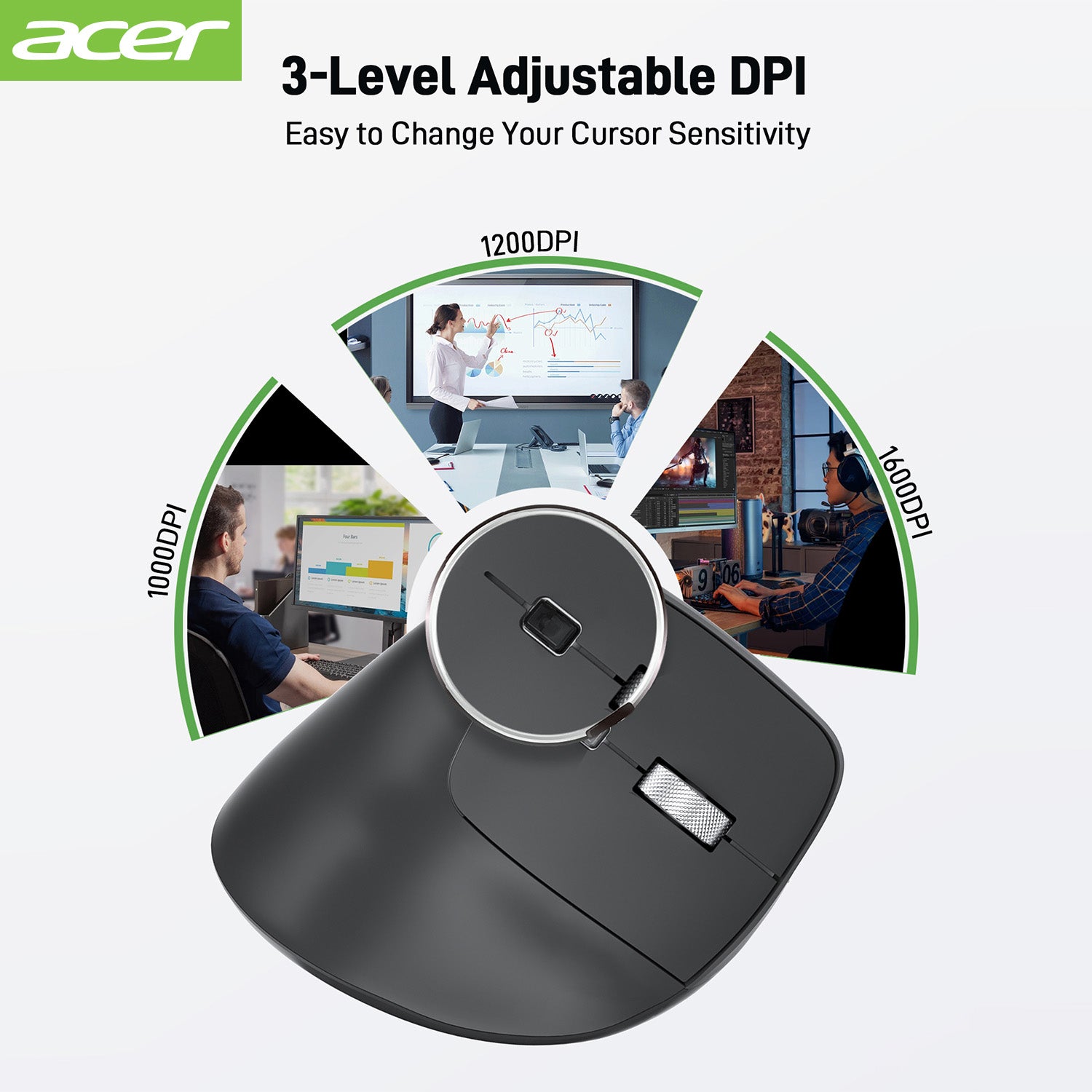 Acer Mouse OMR241 Acer Ergonomic Mouse Wireless, 1000/1200/1600 Adjustable DPI Vertical Mouse with 6 Buttons, Rechargeable Ergo Mice with 2.4GHz USB Receiver for Computer, Laptop, PC, iMac and Desktop
