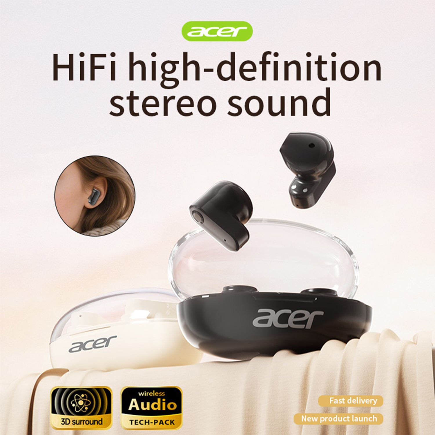 Acer OHR551 Wireless Earbuds 2025 New Mini Invisible Heavenly Sound Noise Reduction