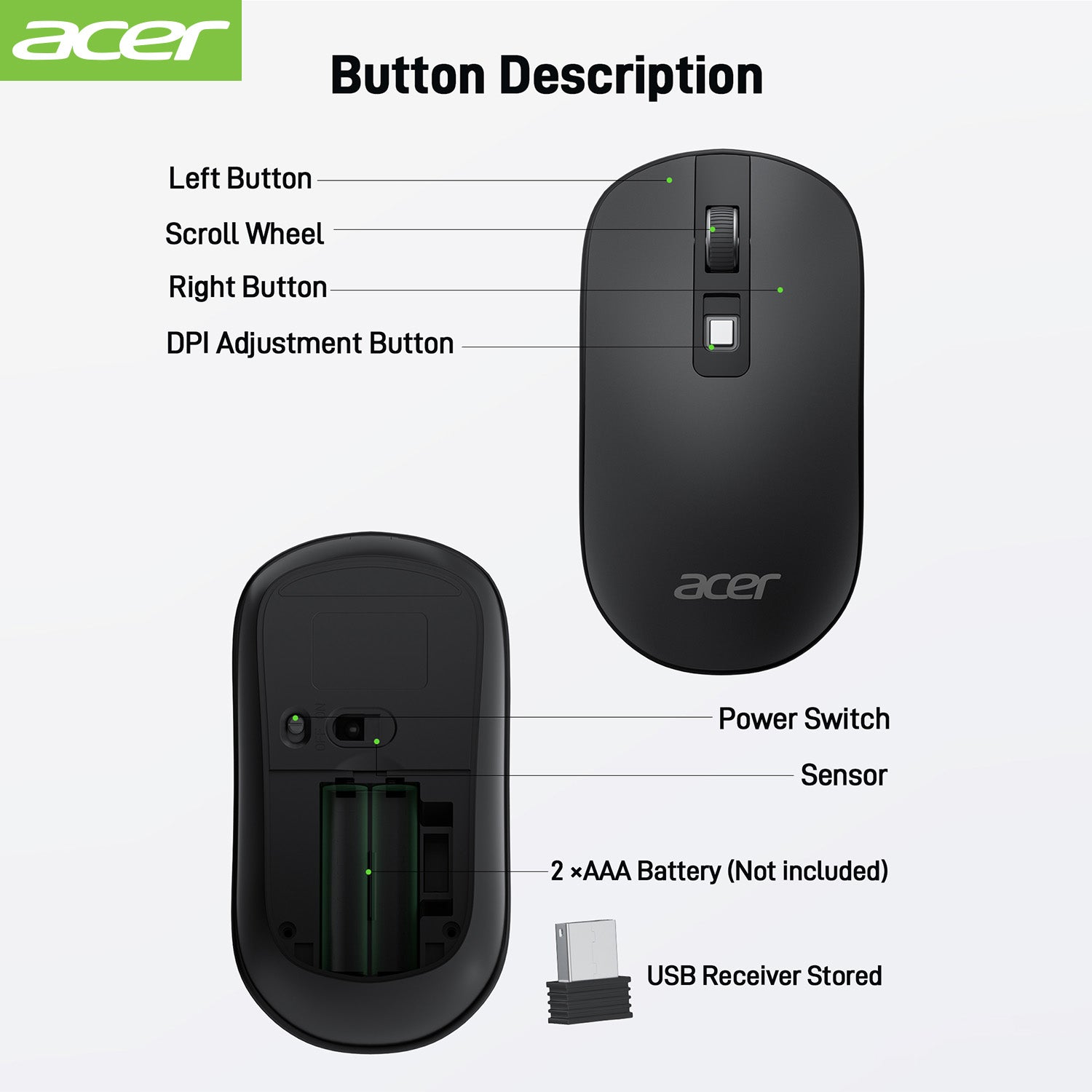Acer Mouse OMR242 Acer Computer Mouse Wireless, 2.4G Slim USB Wireless Mice with USB Receiver, 800/1200/1600 Adjustable DPI Optical Laptop Mouse with 4 Buttons, Portable Mouse for Laptop, Desktop, PC