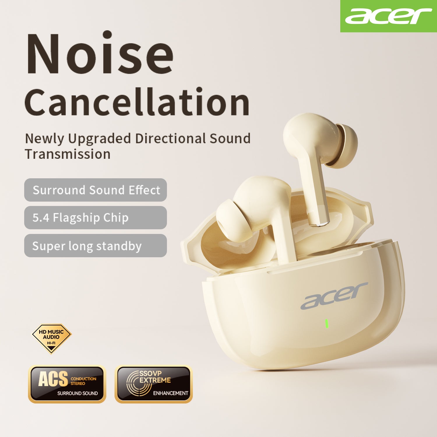 Acer OHR504 Bluetooth Wireless Earbuds Noise Cancellation Immersive Audio Experience Long Wear Without Pain