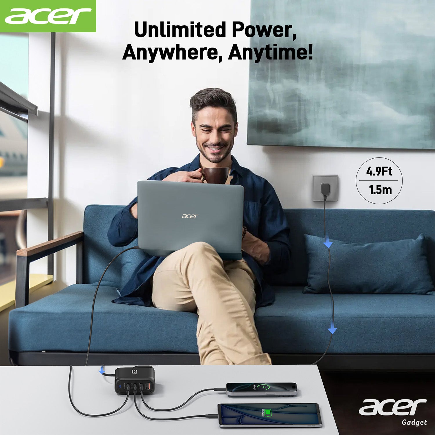 Acer OPD105 Acer 100W USB C Charger Block, 4-Port Fast GaN Desktop Charger with Power Extension Cable, USB-C*3, USB-A*1