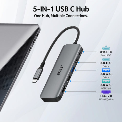 Acer 5-in-1 USB-C Hub | 4K@60Hz HDMI, 5Gbps Data, 100W PD