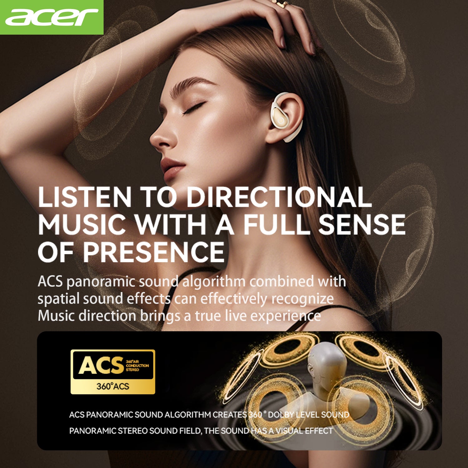 Acer OHR515 Wireless Earbuds Hanging Ear Sports Running Special 2025 New High Sound Quality LED Power Display Leather Texture