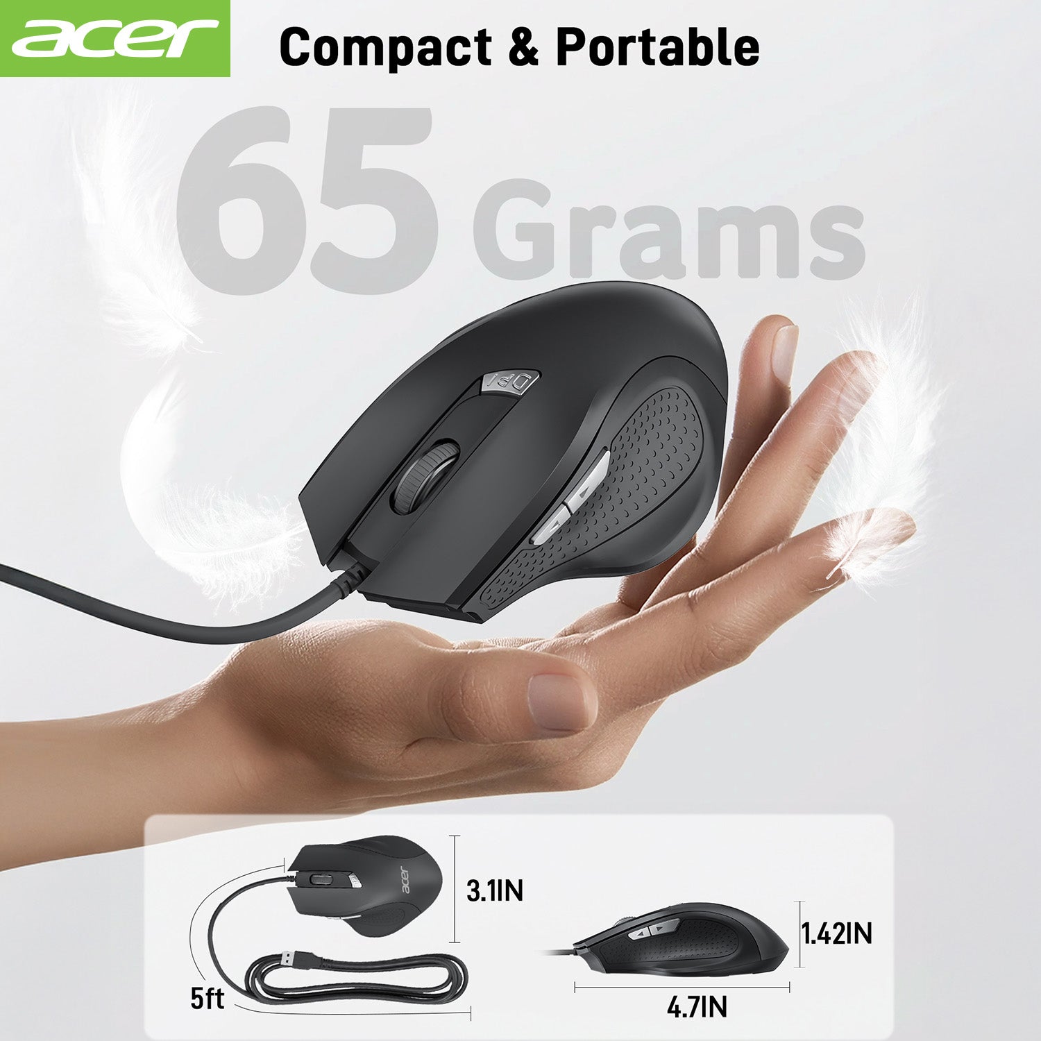 Acer Mouse OMW313 Acer Wired Mouse, 4 Adjustable DPI USB Computer Mouse with Side Buttons, 5FT Cord, 6 Buttons, 3200 DPI, Compatible with Laptop, iMac, PC, Desktop