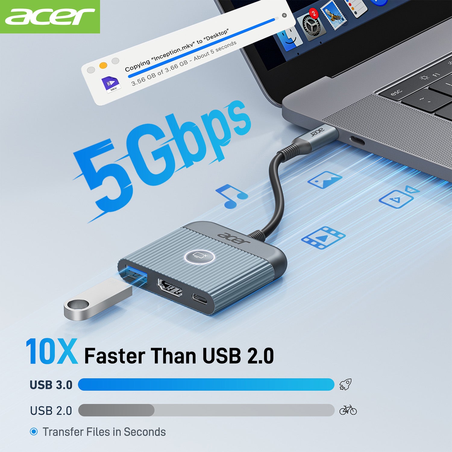 Acer Dock_option ODK470 Acer USB C to HDMI Adapter, 4K@60Hz HDMI to Type C Adapter with 100W PD, USB A 3.0 Port, Screen control