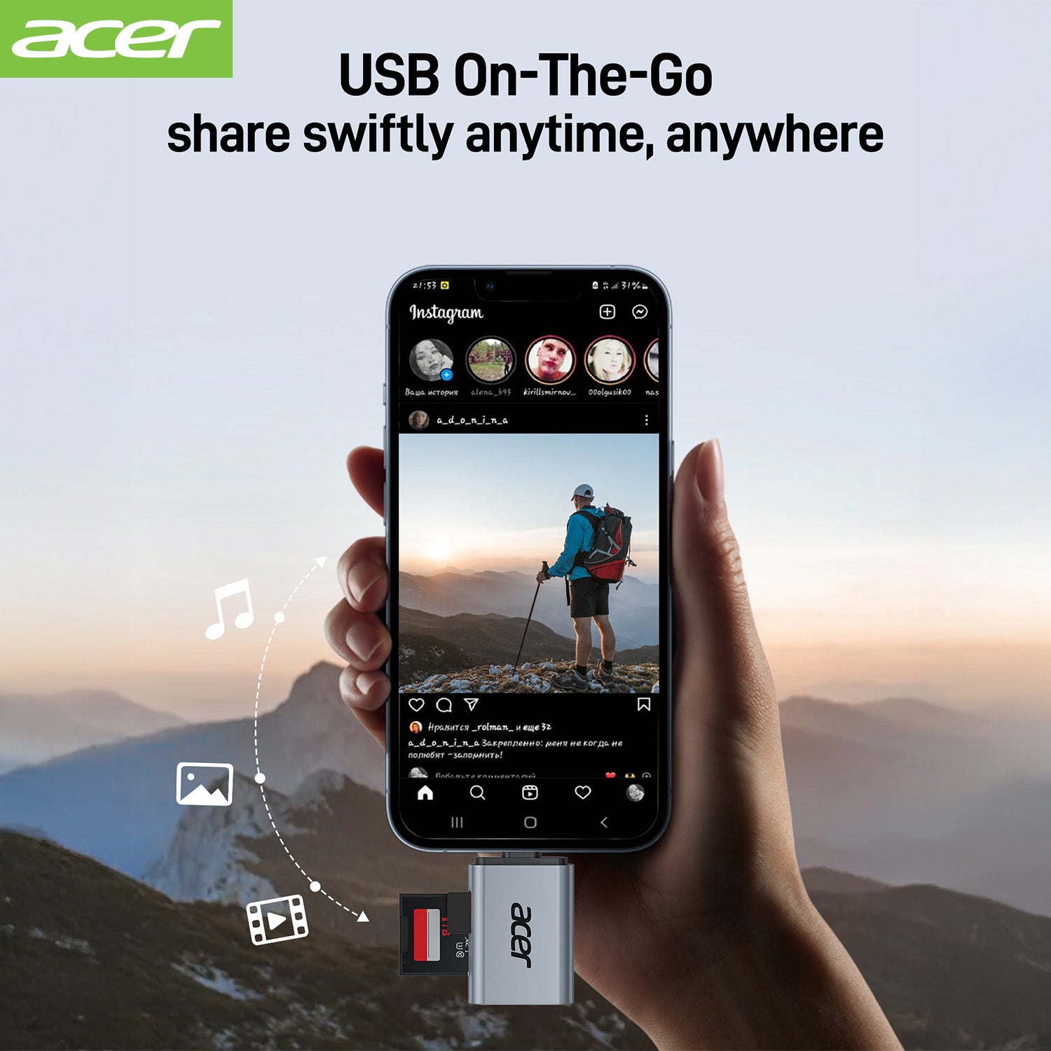 Acer Dock_option ODK460 Acer USB C SD 4.0 Card Reader, 2 in 1 UHS-II Micro SD Card Reader to Type C Adapter for MicroSD, SDXC, SDHC, RS-MMC Compatible with iPhone 15/16, MacBook Pro/Air, Laptop, Tablet