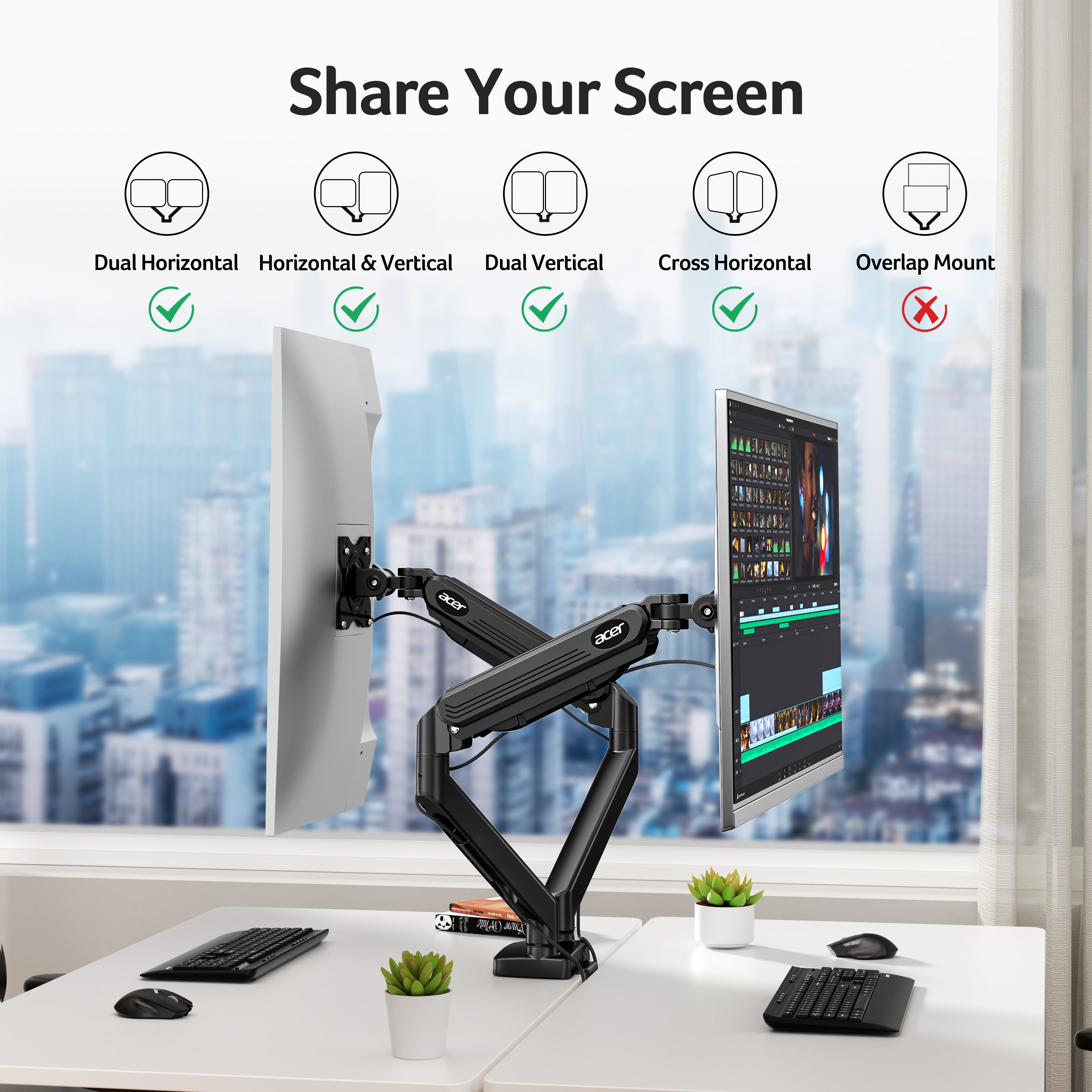 Acer Dual Monitor Arm for 17–32" Monitors | Gas Spring VESA Desk Mount