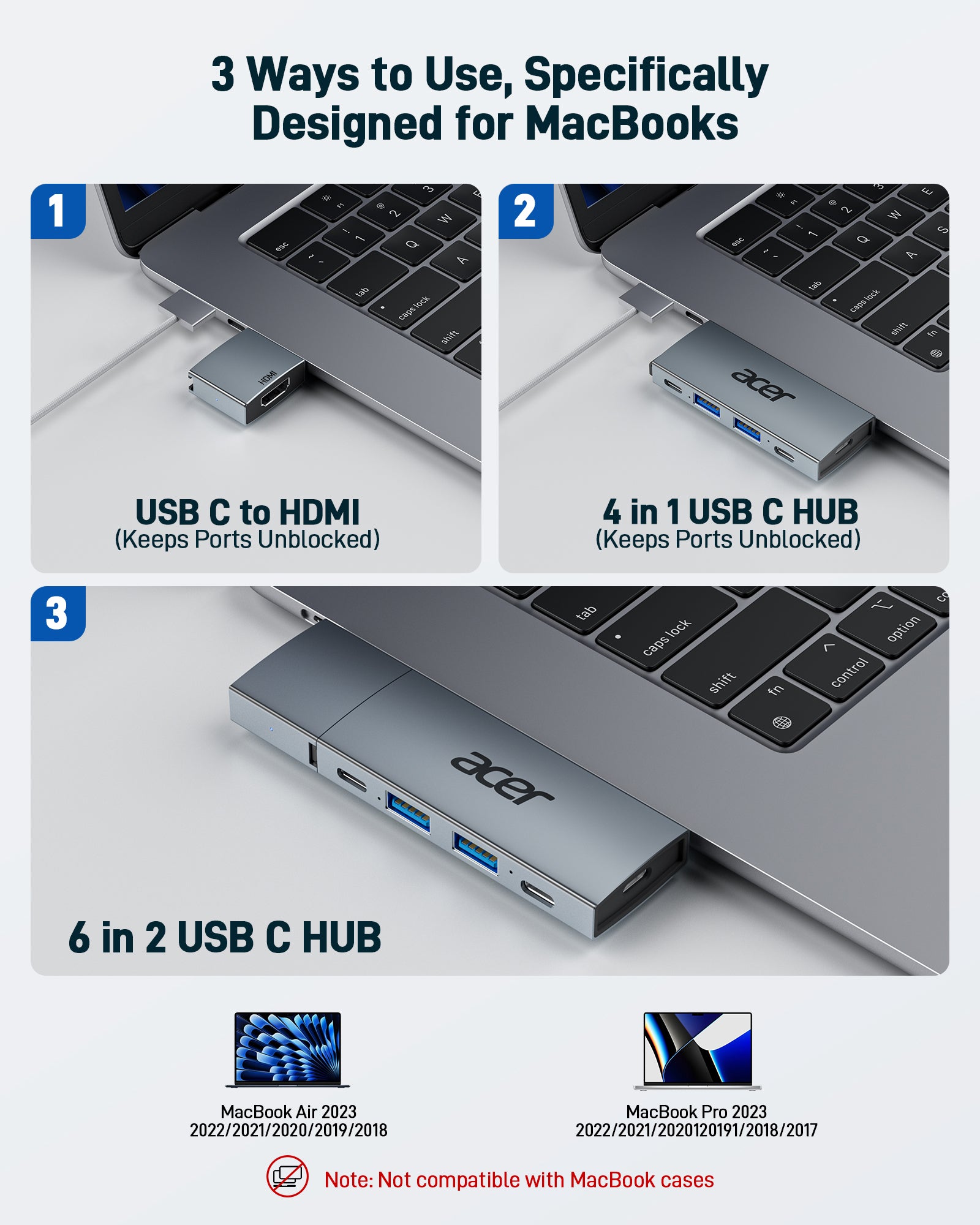 Acer 6 in 2 Detachable USB C Hub | 4K@60Hz HDMI, 100W PD Charging
