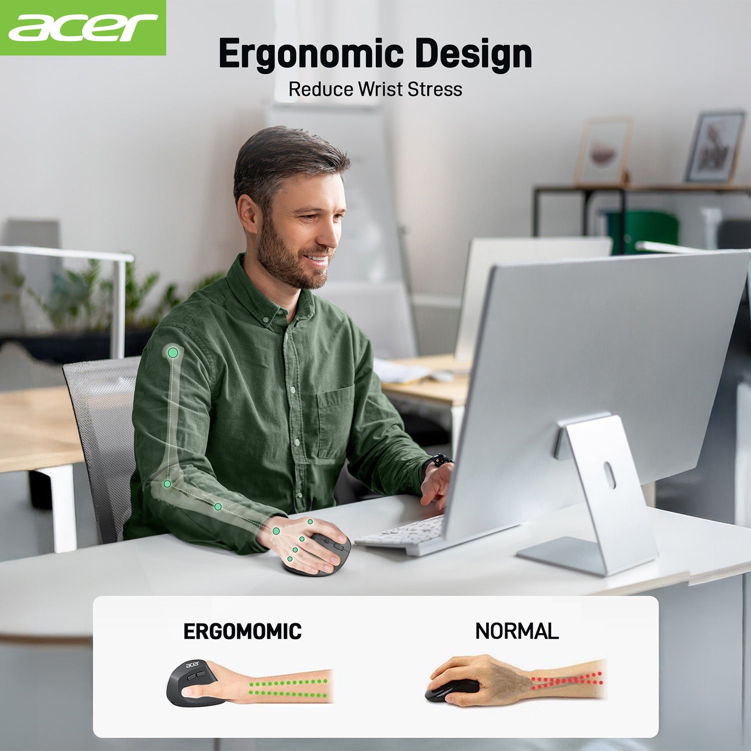 Acer Mouse OMR241 Acer Ergonomic Mouse Wireless, 1000/1200/1600 Adjustable DPI Vertical Mouse with 6 Buttons, Rechargeable Ergo Mice with 2.4GHz USB Receiver for Computer, Laptop, PC, iMac and Desktop