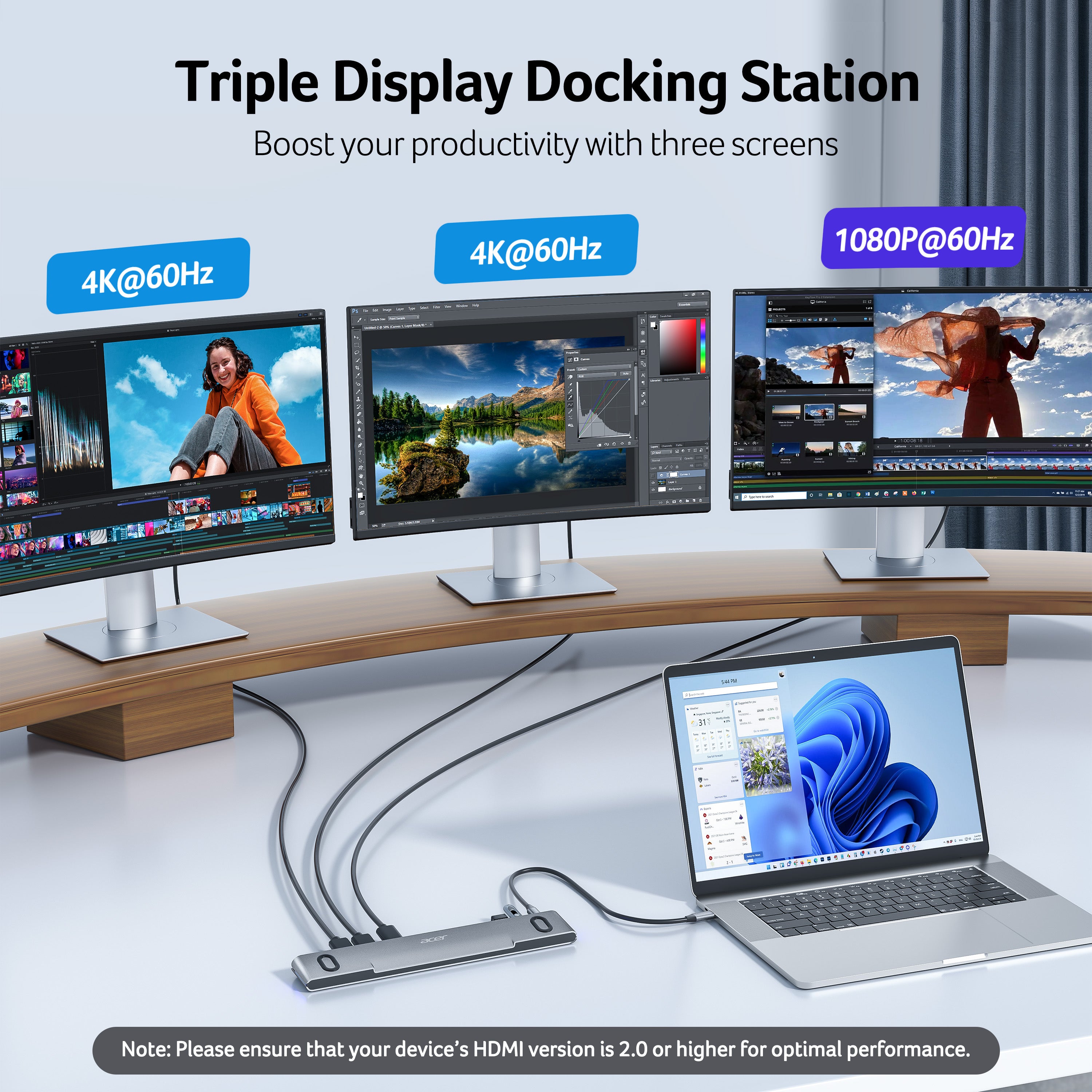 Acer 11-in-1 USB-C Docking Station for 3 Monitors |8K DP, Dual 4K HDMI, Ethernet