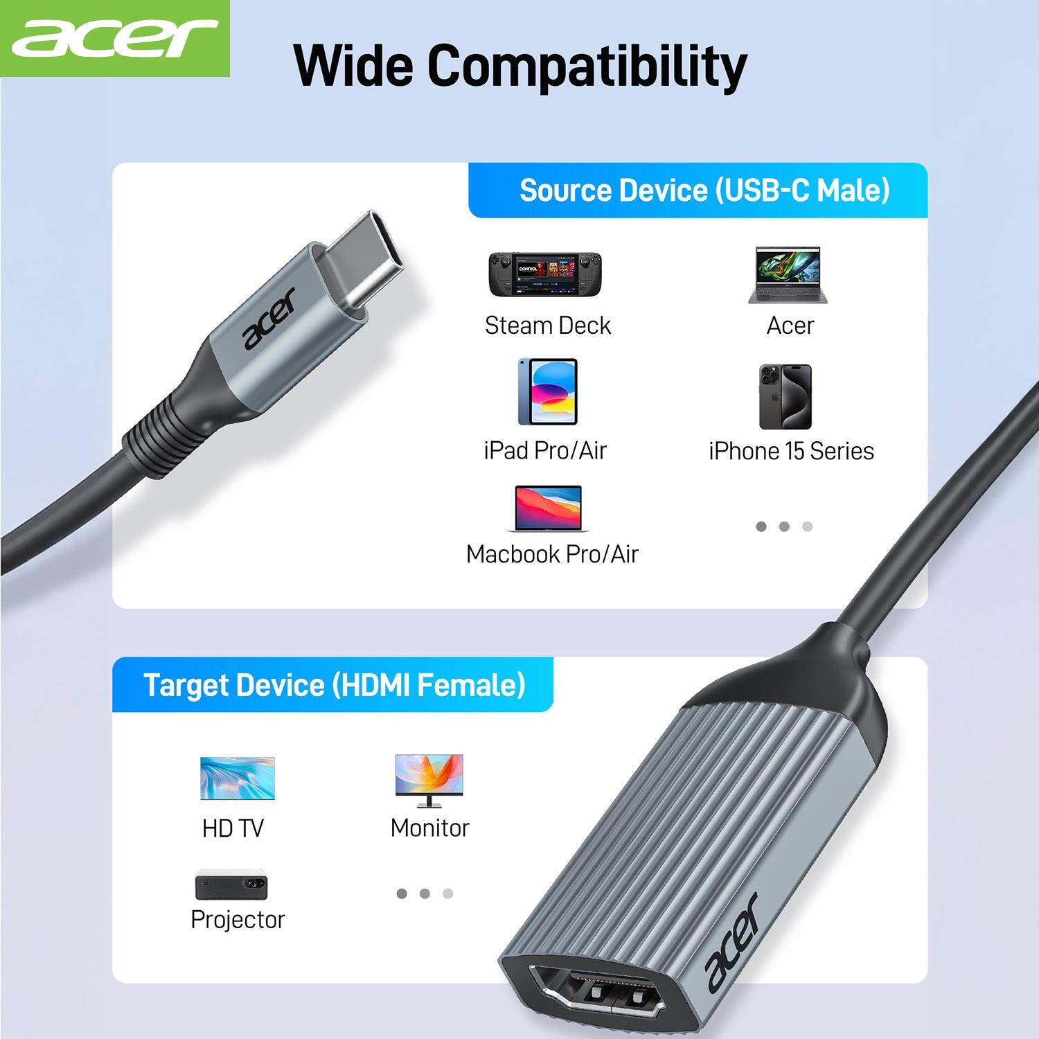 Acer Dock_option ODK410 Acer USB-C to HDMI Adapter 4K@60Hz, 2 Pack (High Speed, Thunderbolt 3/4) Type C to HDMI Converter Compatible with MacBook Pro/Air, iPhone 16 15 Pro/Max, iPad Pro/Air, Surface, Dell XPS, Chromebook