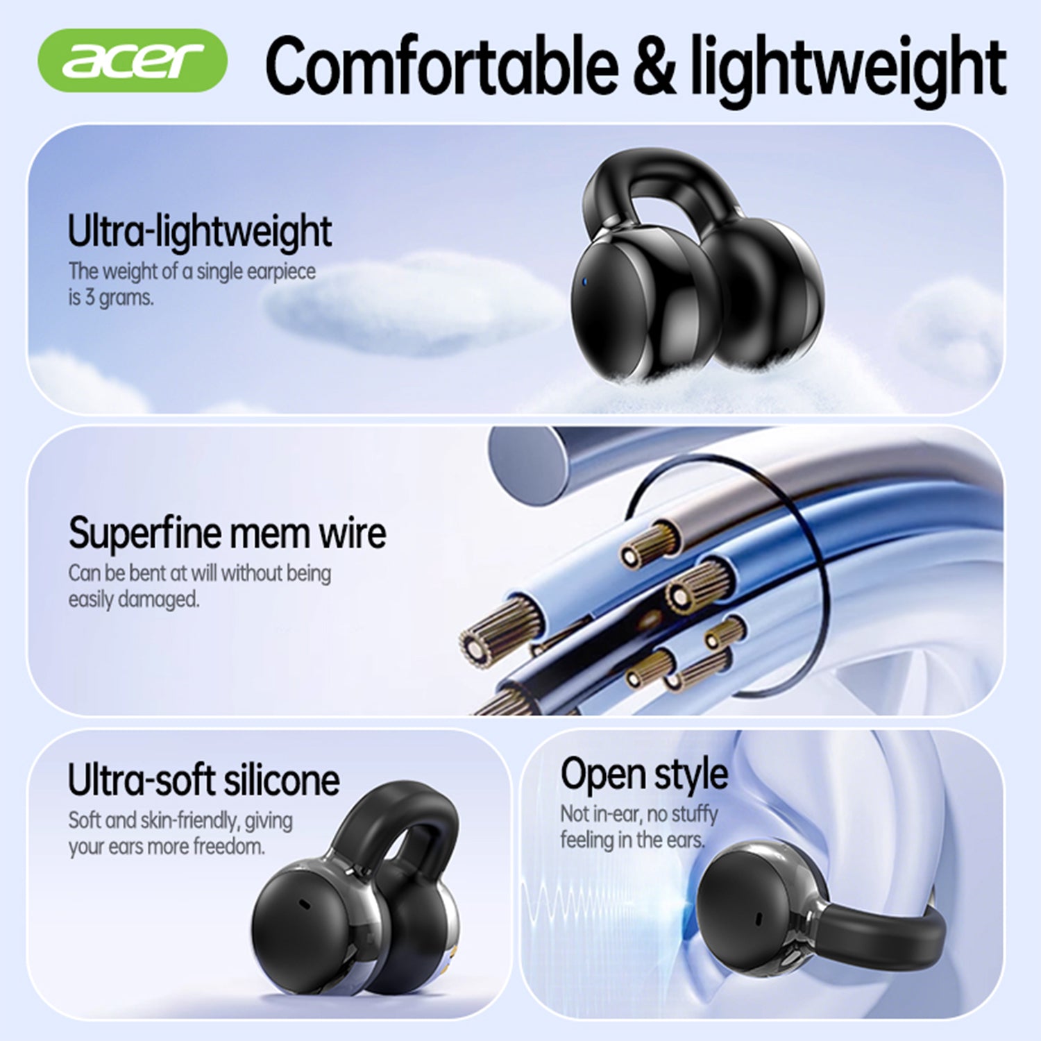 Acer OHR537 Wireless Earbuds 2025 New Clip On Ear Sports Running Long Life High Sound Quality No Sound Leakage