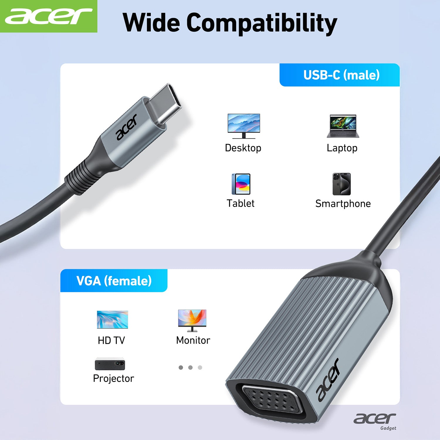 Acer Dock_option ODK430 acer USB C to VGA Adapter, Thunderbolt 3/4 to VGA, Aluminum Shell, Compatible with iPhone 15/16, MacBook Pro/Air 2023, iPad Pro/Air, iMac, XPS 17, for Monitor/Projector Display Expansion